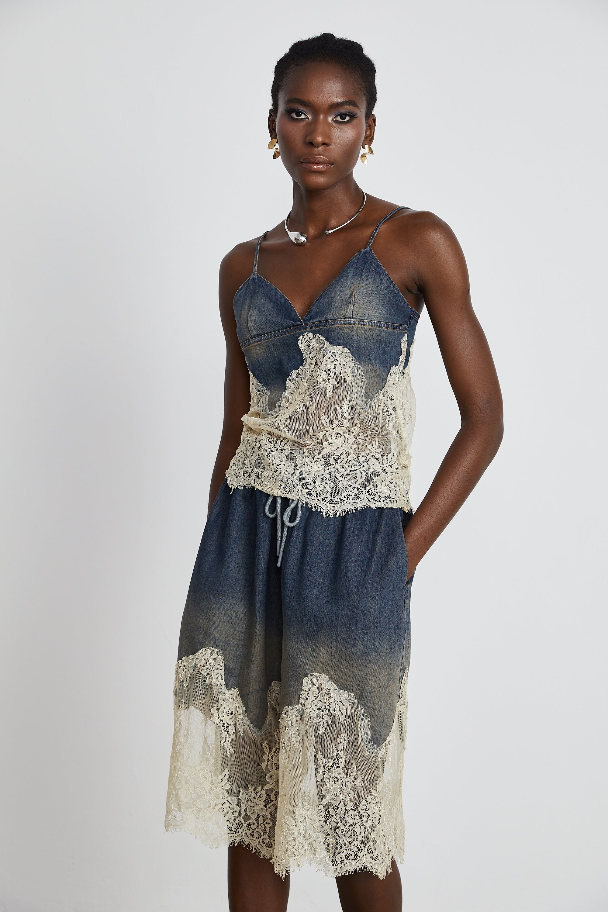 Sylvie lace-detail denim top & shorts matching set (Final Sale-US Only)