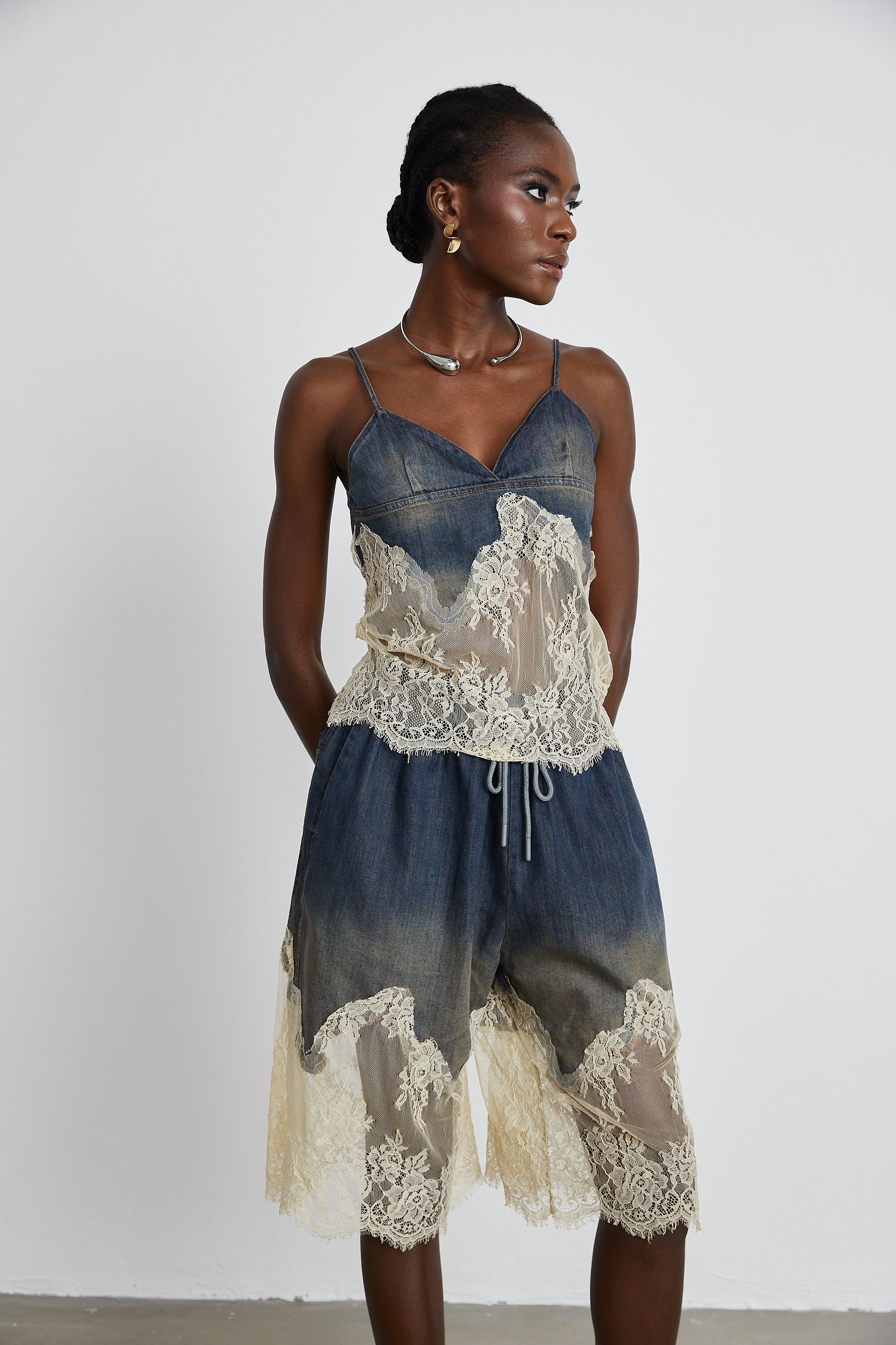 Sylvie lace-detail denim top & shorts matching set (Final Sale-US Only)