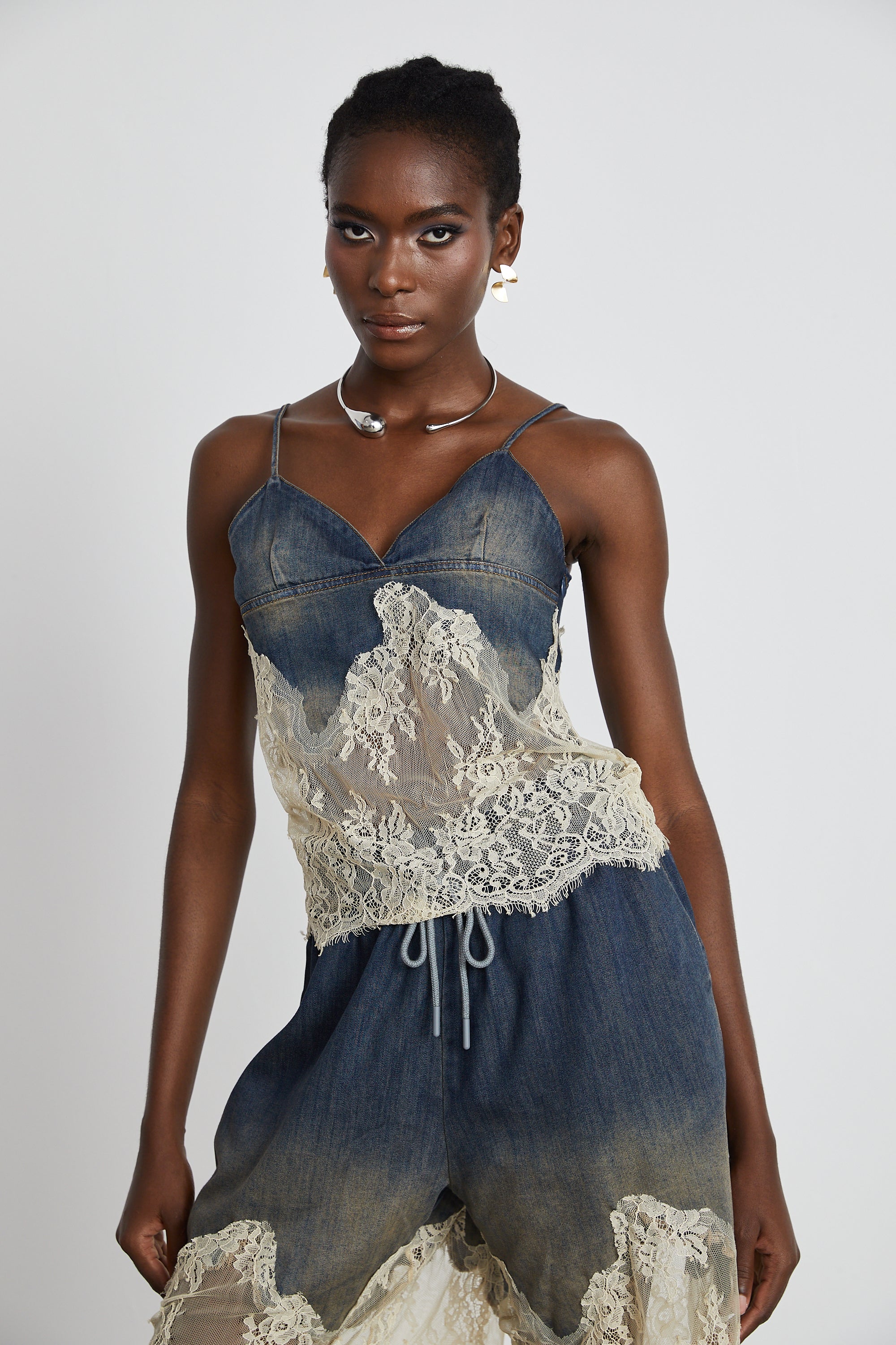 Sylvie lace-detail denim top & shorts matching set (Final Sale-US Only)