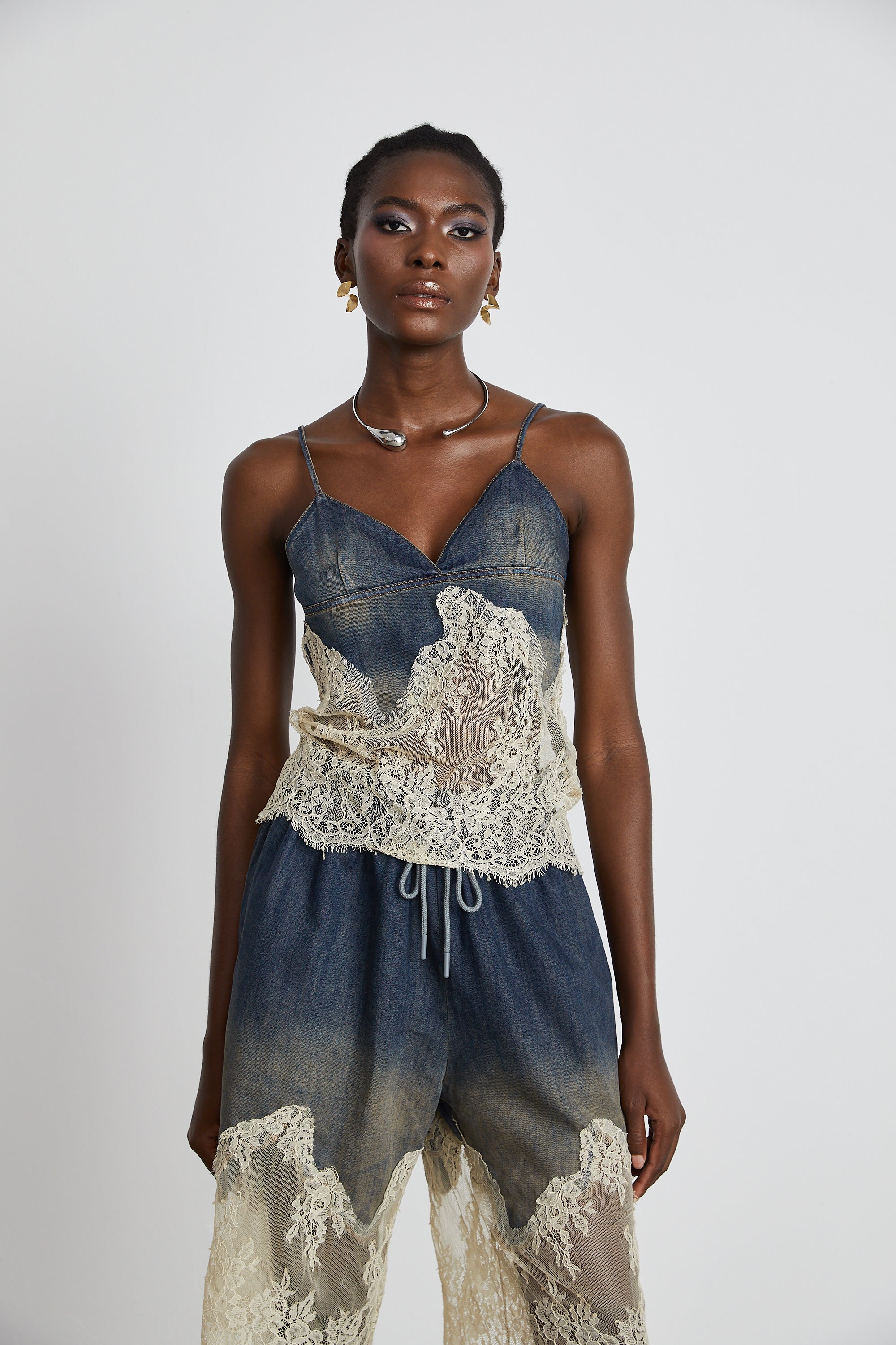 Sylvie lace-detail denim top & shorts matching set (Final Sale-US Only)