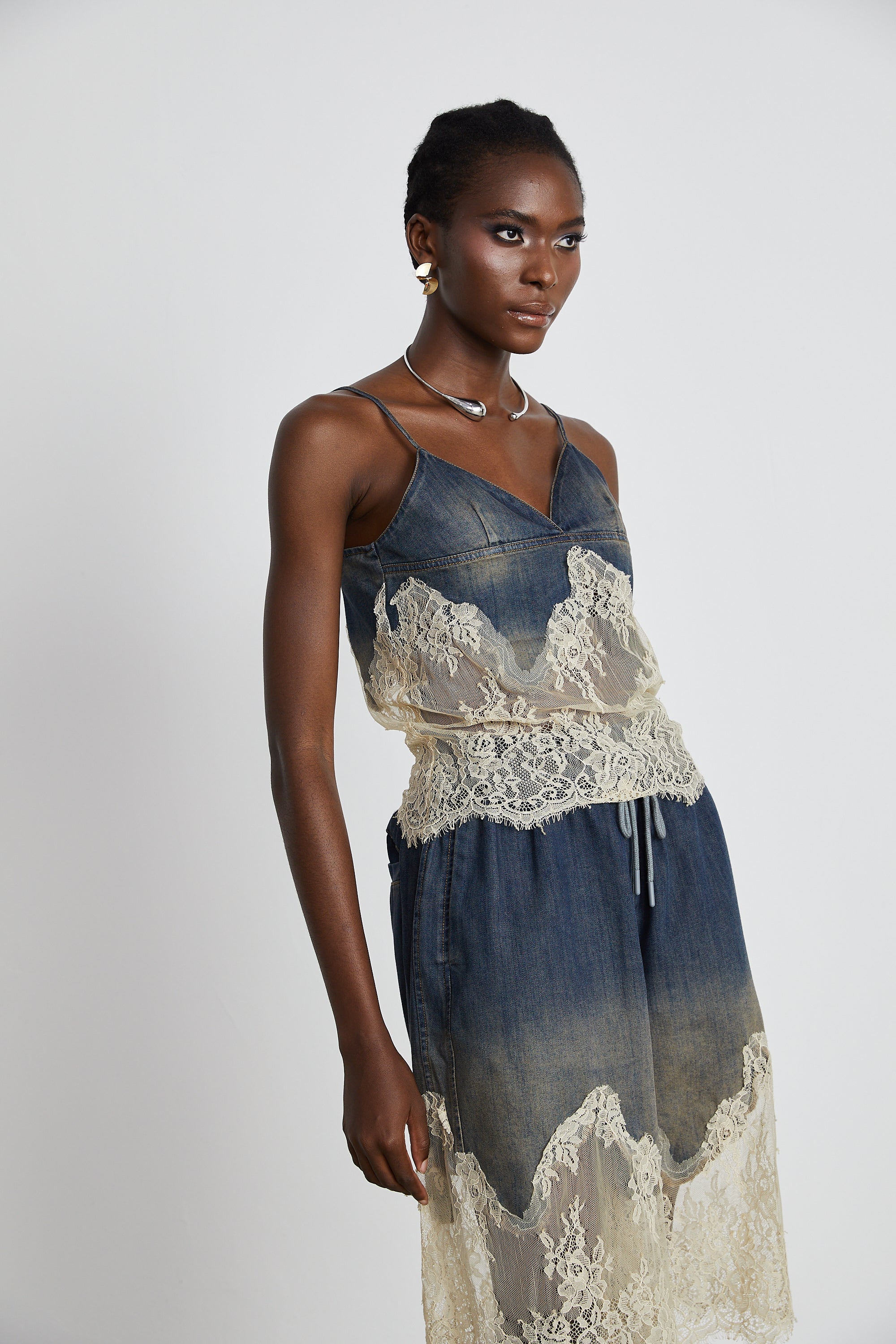 Sylvie lace-detail denim top & shorts matching set (Final Sale-US Only)