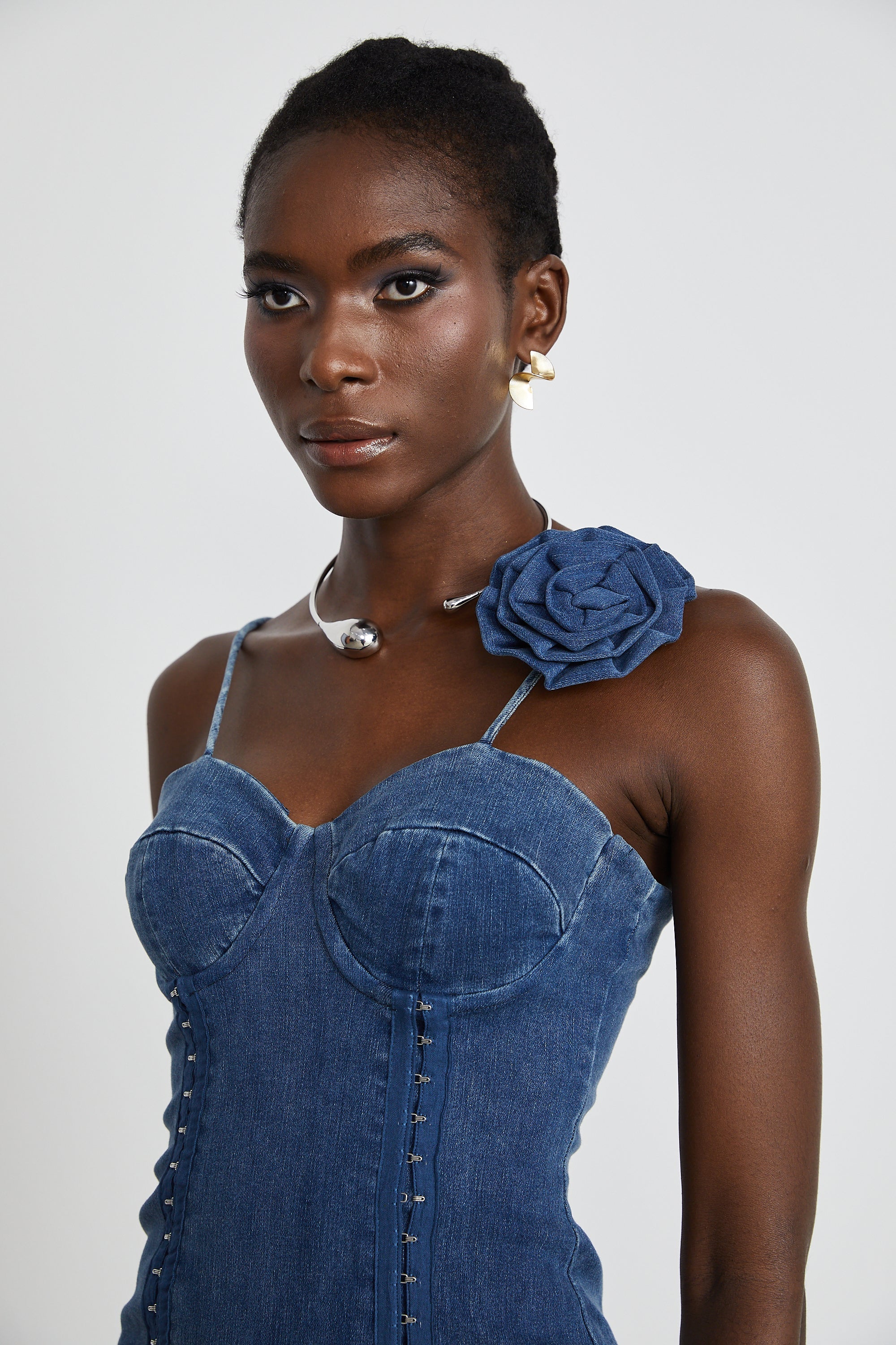 Yvette floral-appliqué denim mini dress