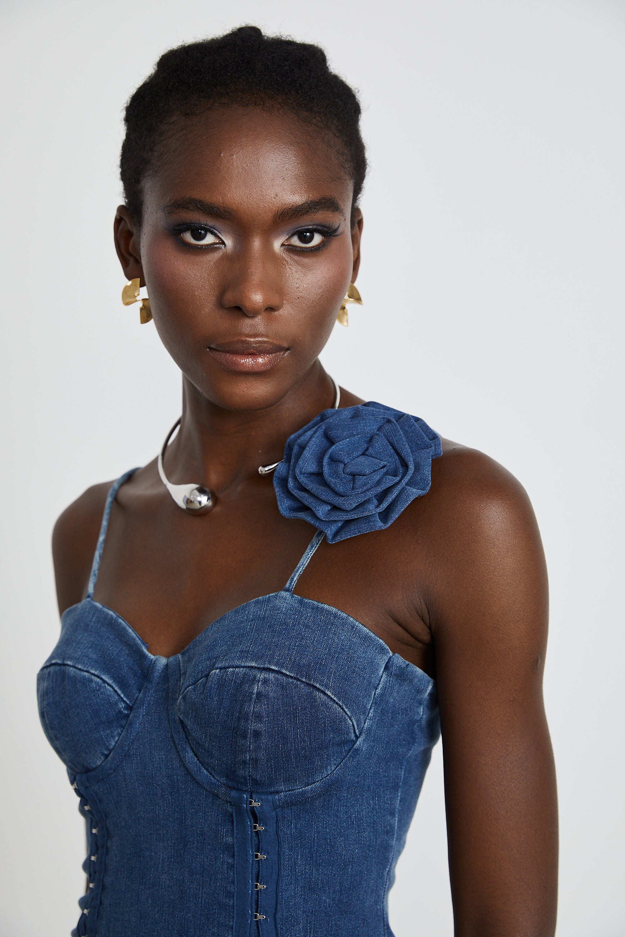 Yvette floral-appliqué denim mini dress