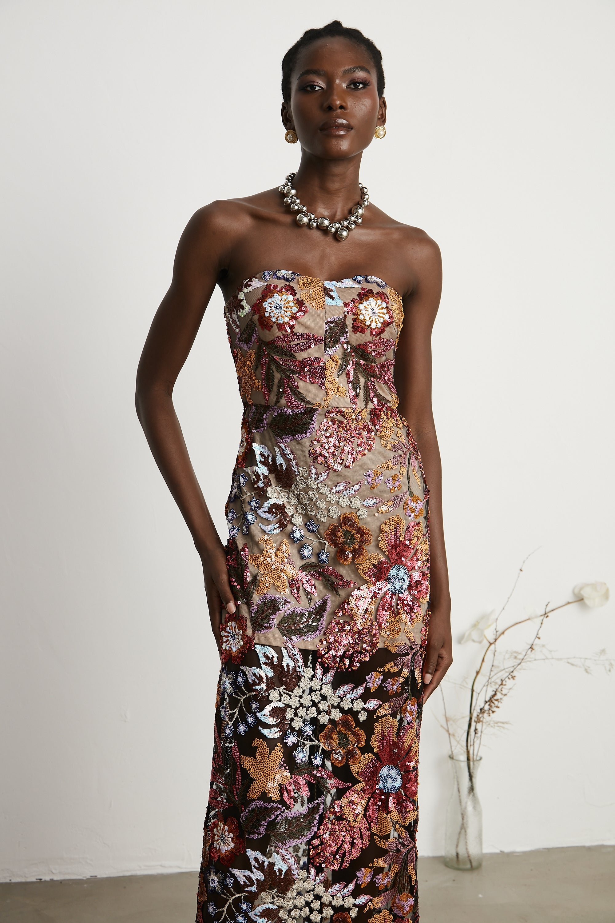Thérèse sequin-embellished embroidered floral colorful midi dress (Final Sale-US Only)