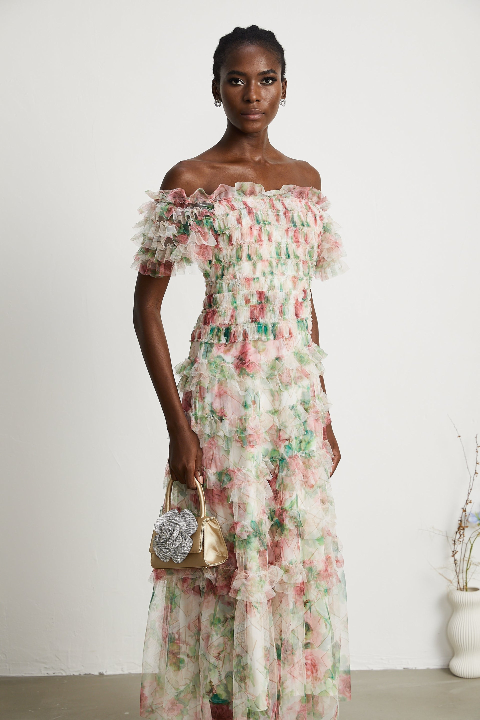 Suzette floral-print tiered midi dress - S / White Suzette floral-print tiered midi dress - S / White