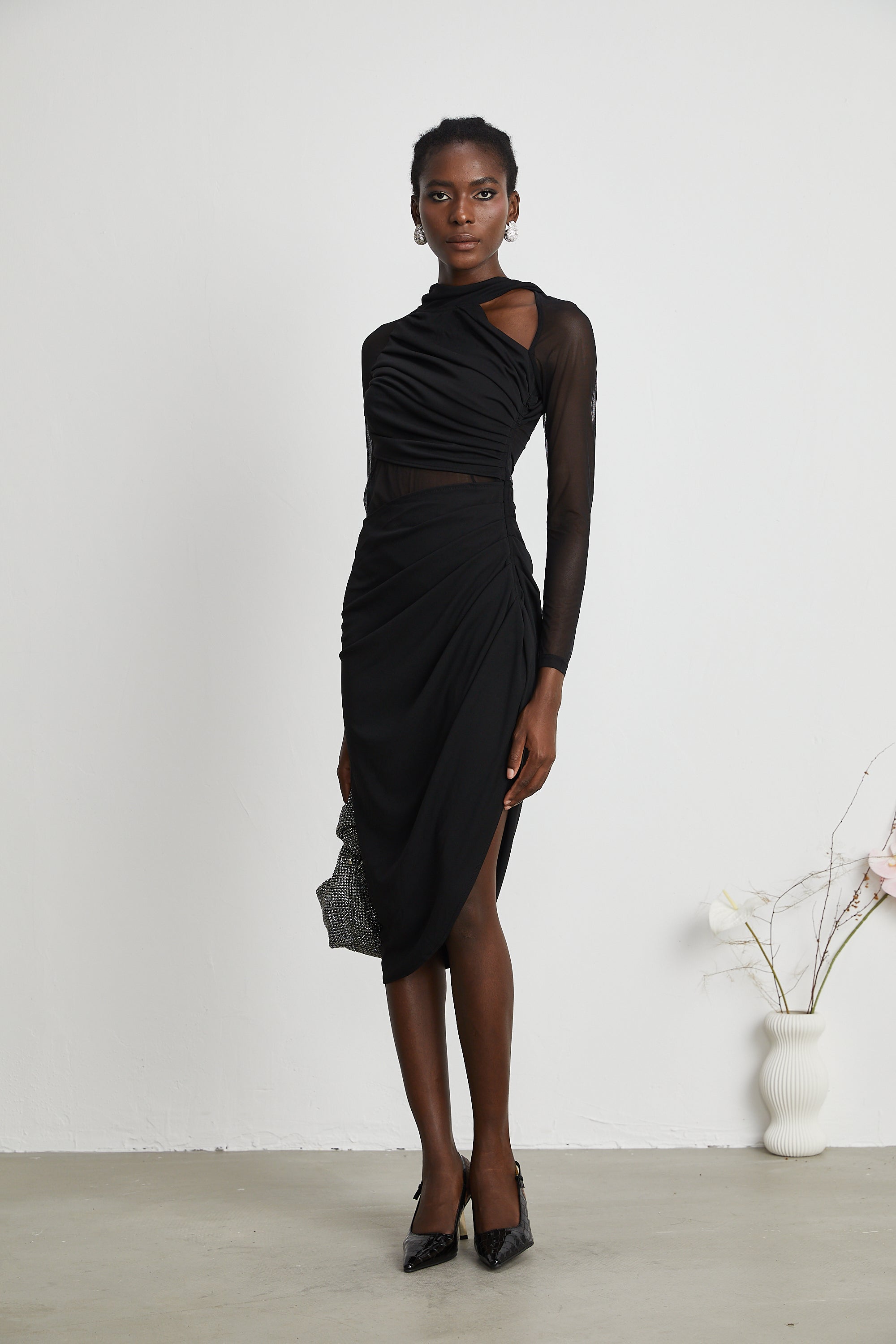 Clarisse semi-sheer ruched midi dress (Final Sale)