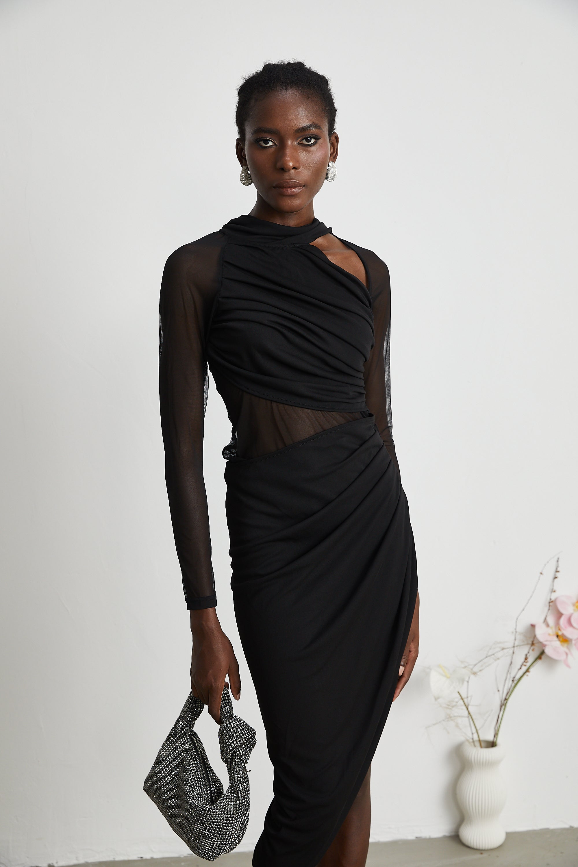 Clarisse semi-sheer ruched midi dress (Final Sale)