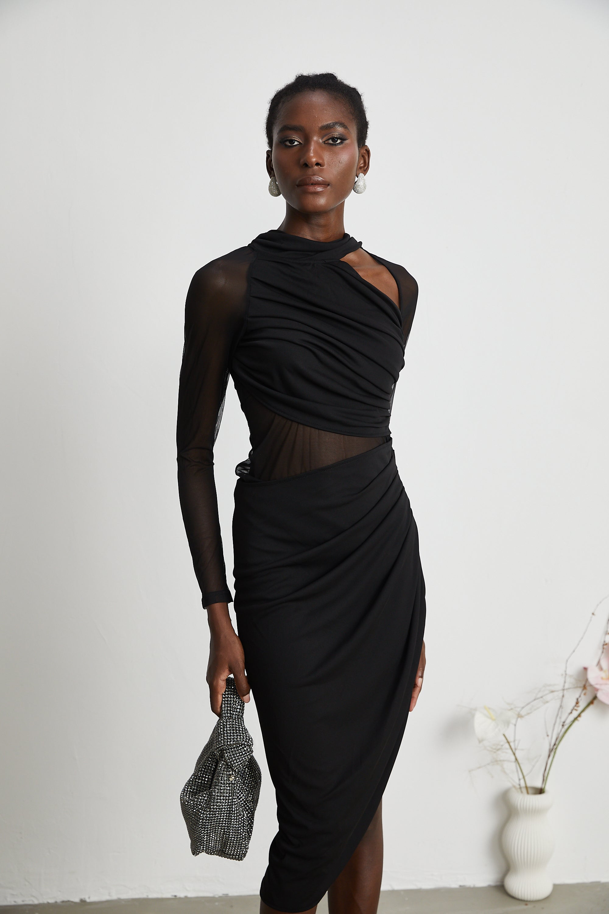 Clarisse semi-sheer ruched midi dress (Final Sale)