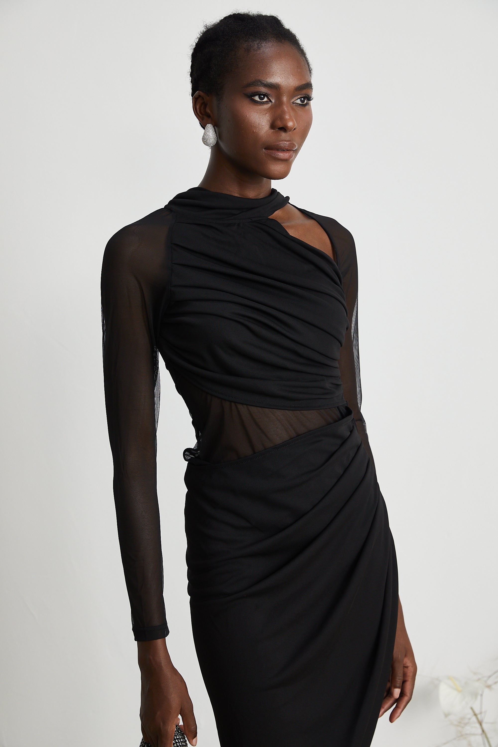 Clarisse semi-sheer ruched midi dress (Final Sale)