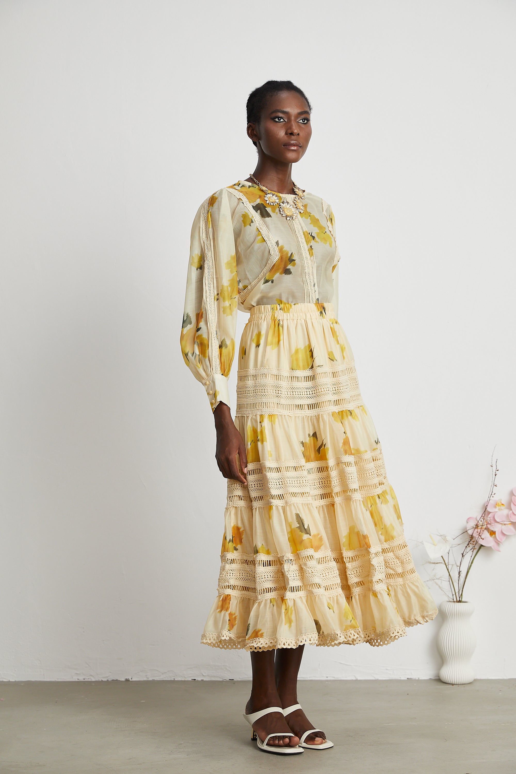 Éva yellow floral-print blouse & skirt matching set - Yellow