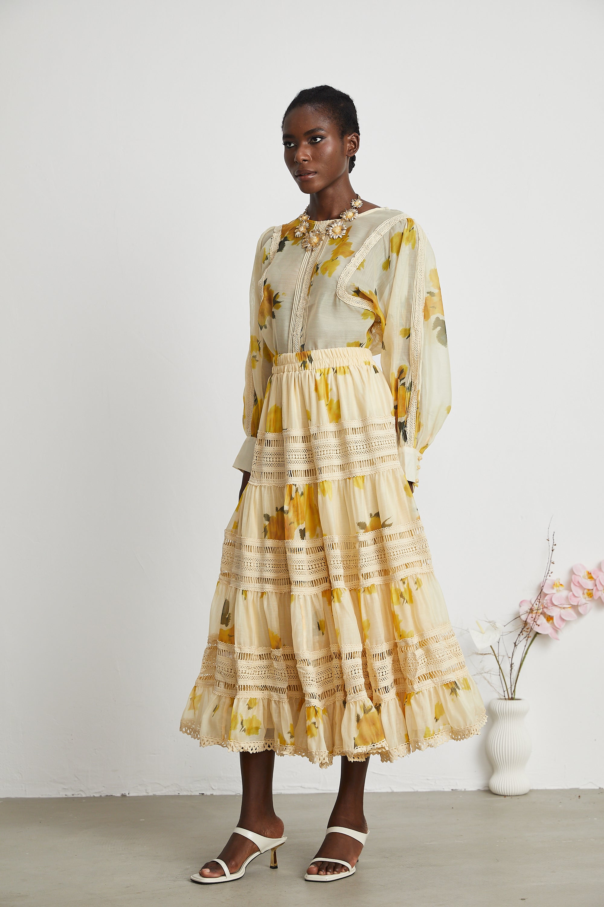Éva yellow floral-print blouse & skirt matching set - Yellow