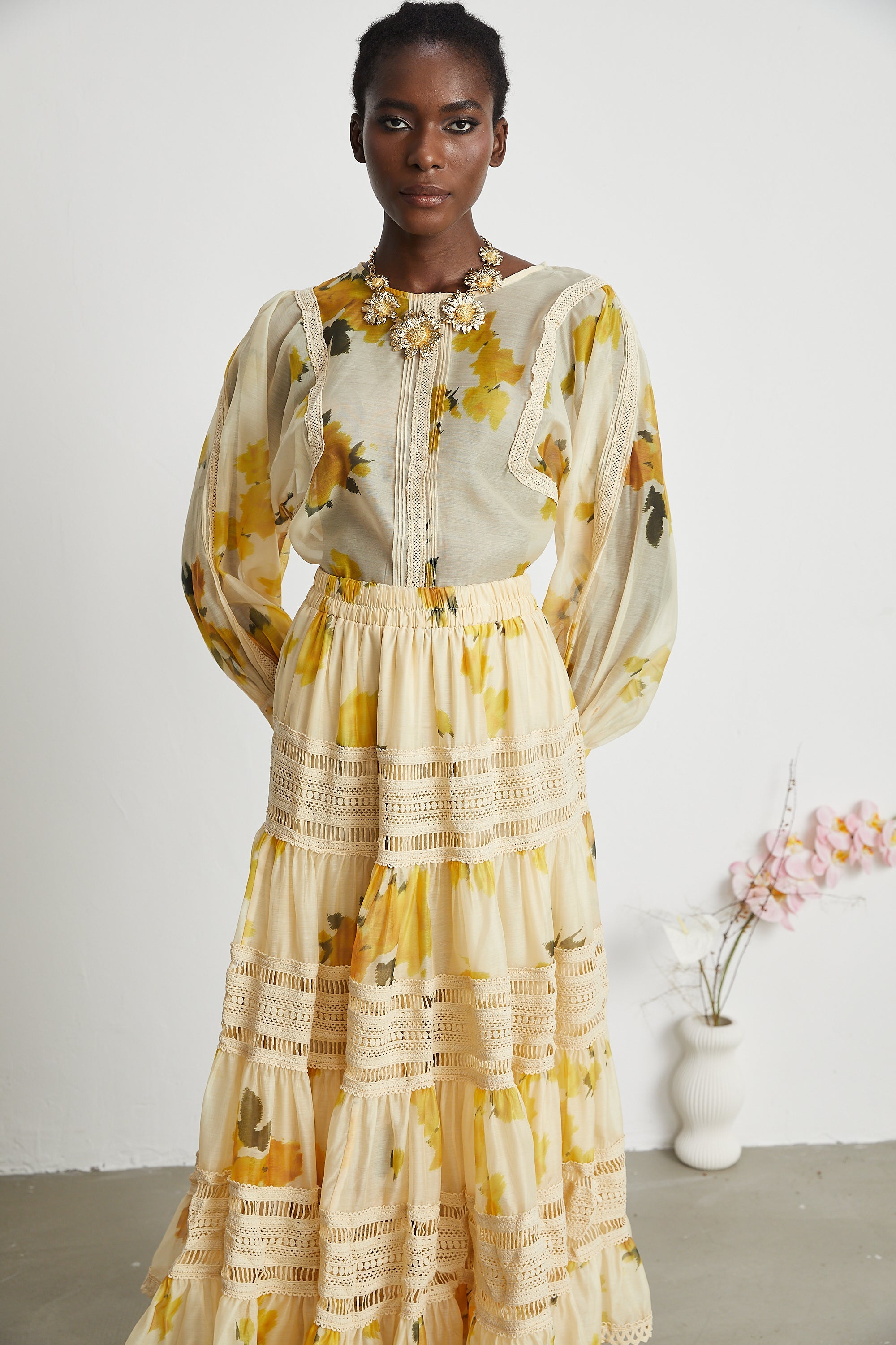 Éva yellow floral-print blouse & skirt matching set - Yellow