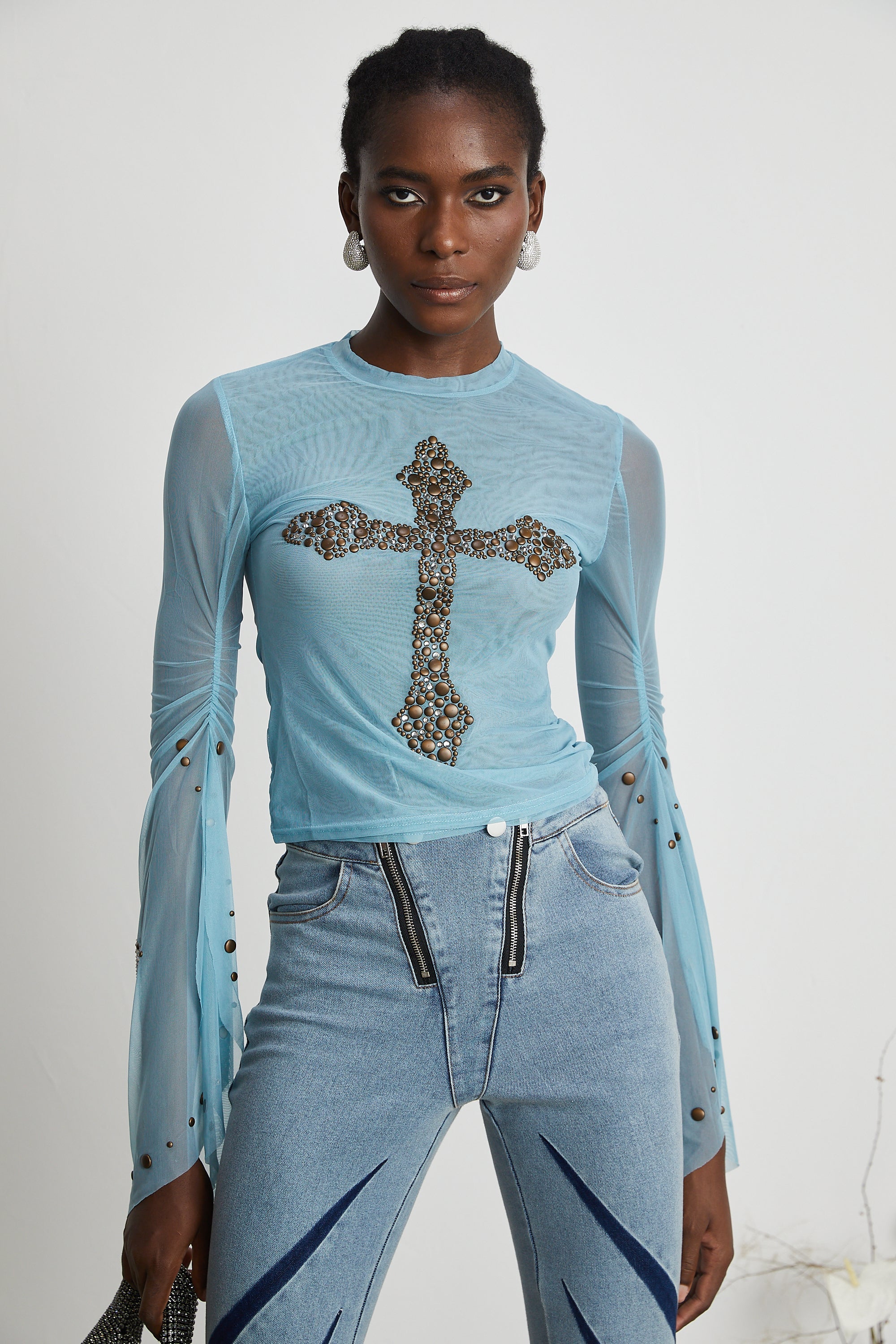 Émmanuelle semi-sheer stud-embellished top