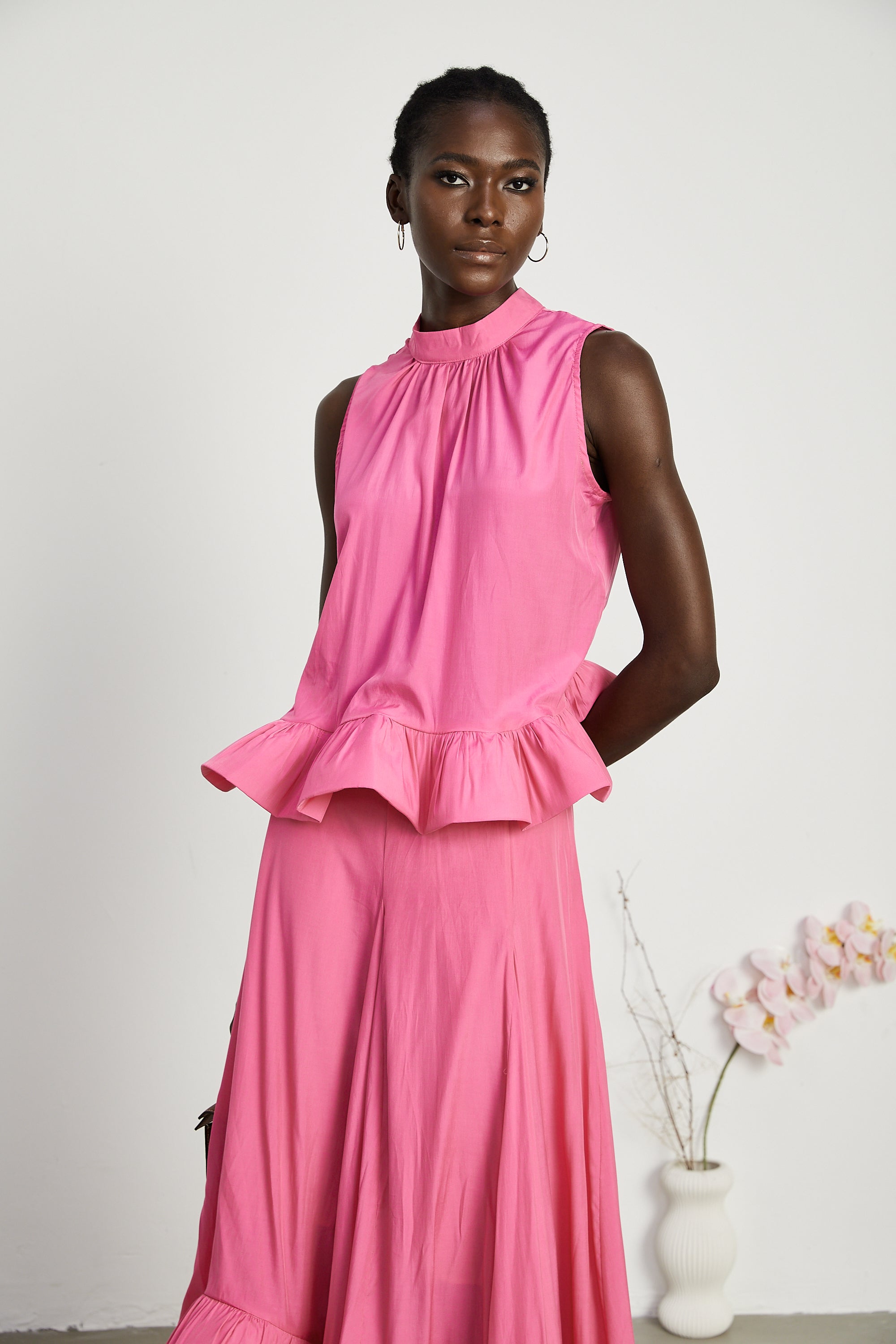 Mathilde pink ruffled top & skirt matching set