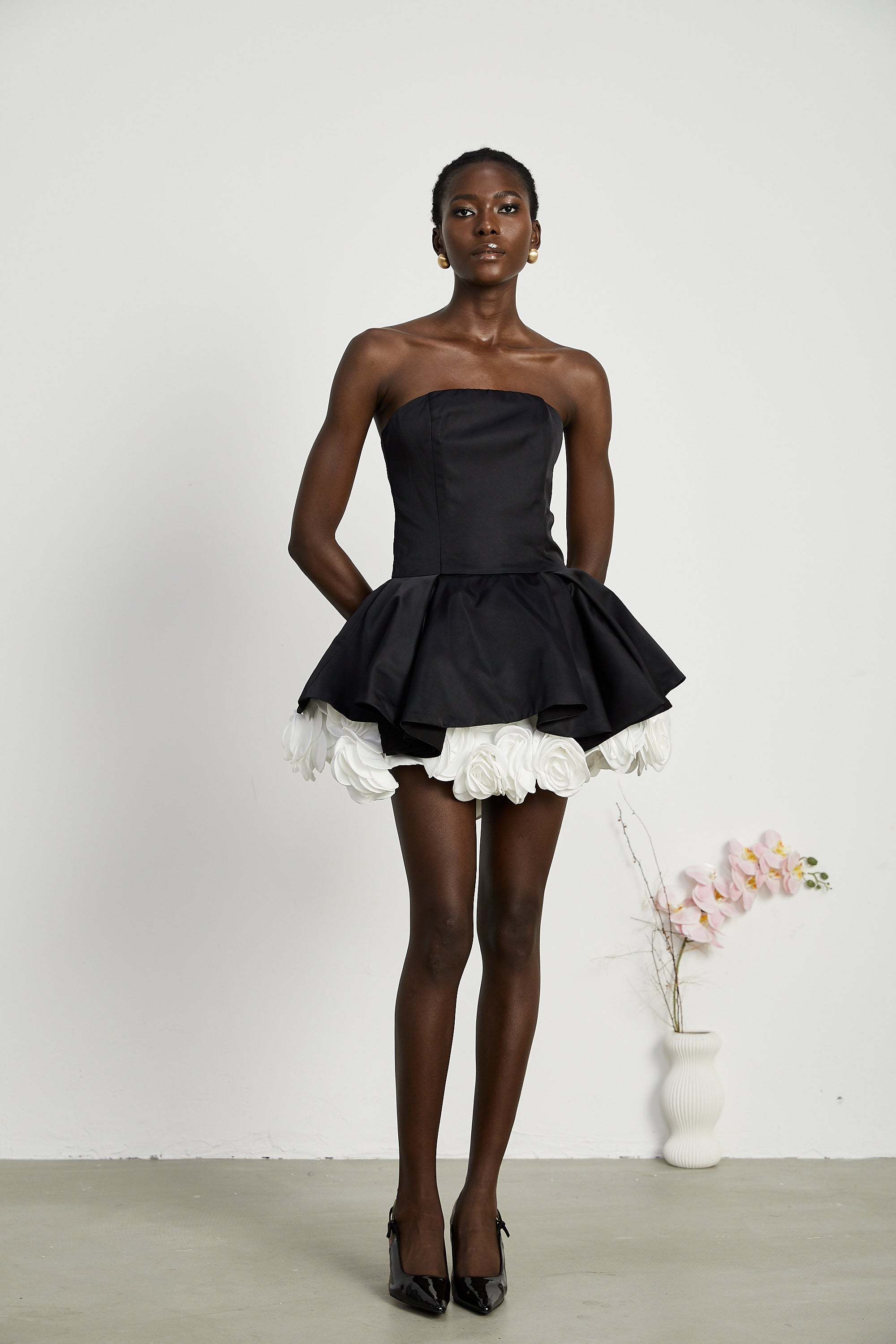 Lucie black petal-layered strapless corset mini dress (US Only)