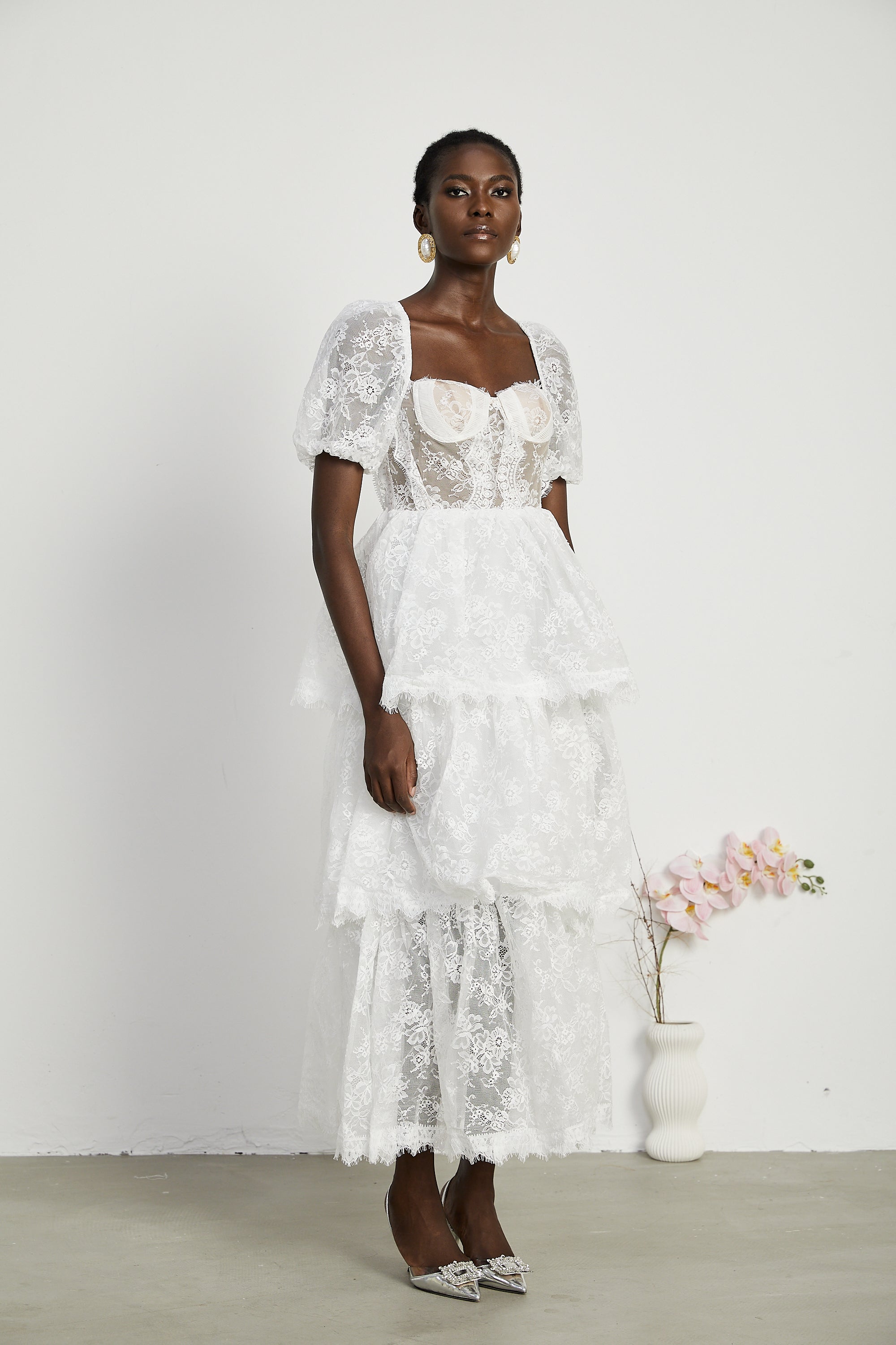 Mélisande white lace tiered maxi dress