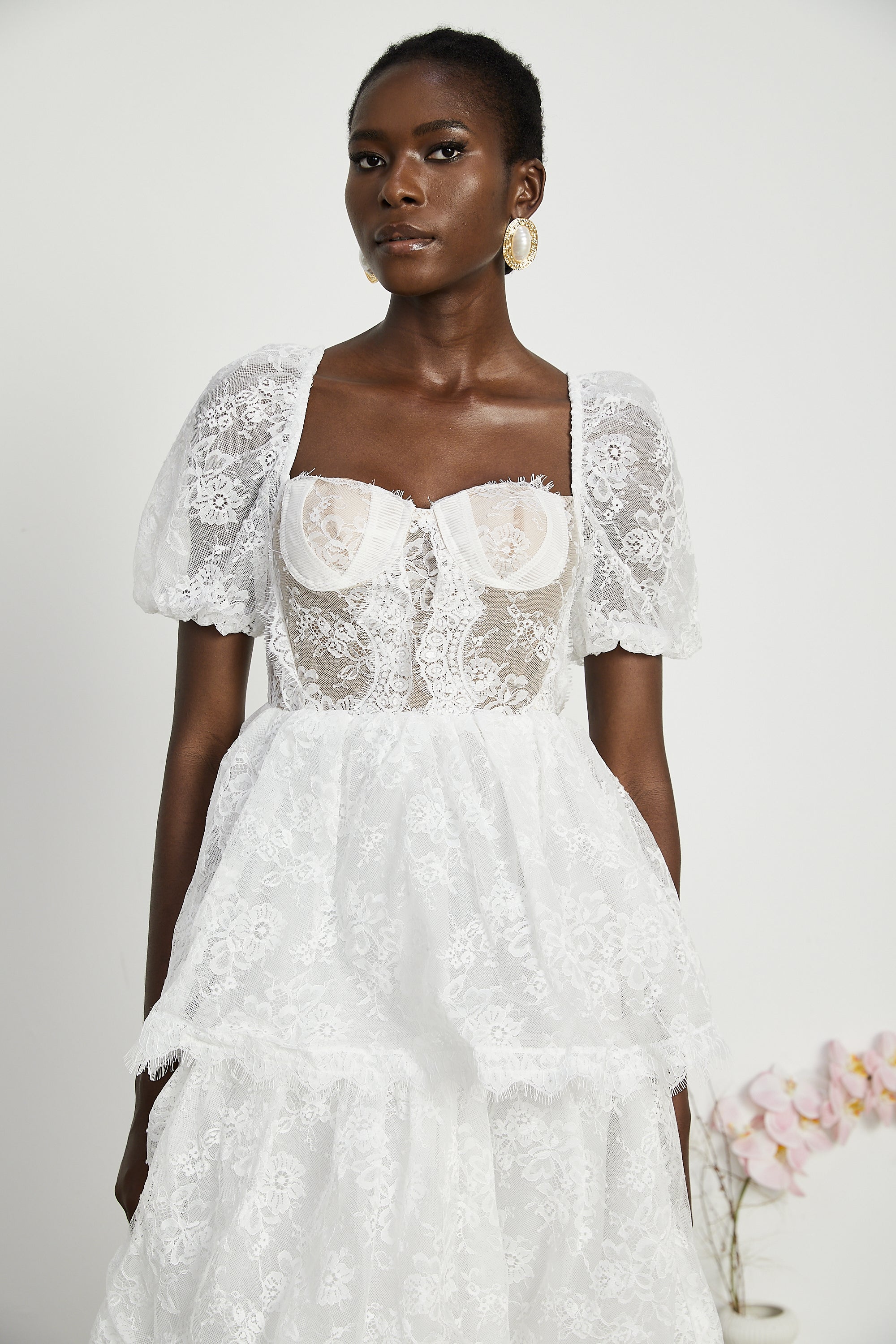 Mélisande white lace tiered maxi dress