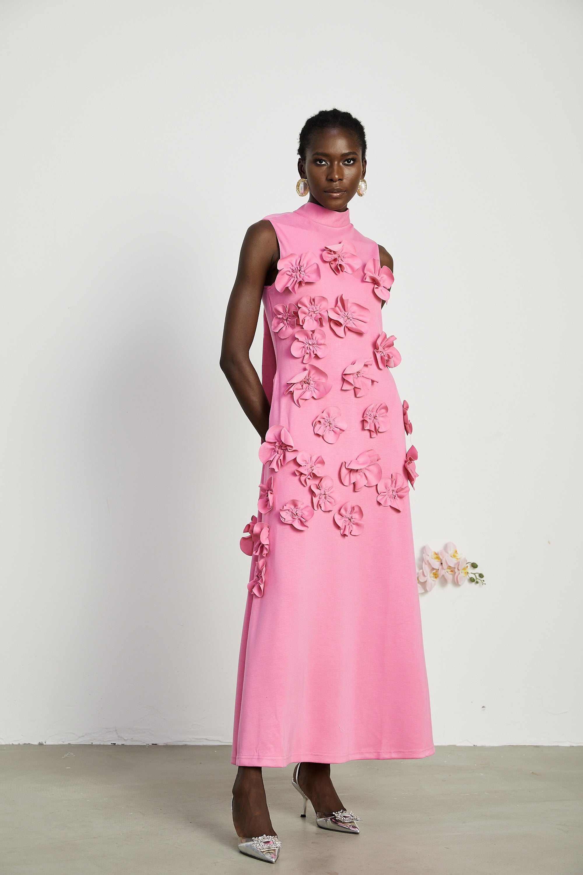 Magali Pink Sleeveless Maxi Dress with Faux Flower & Bow-Tie Embellishment (Final Sale-US Only)