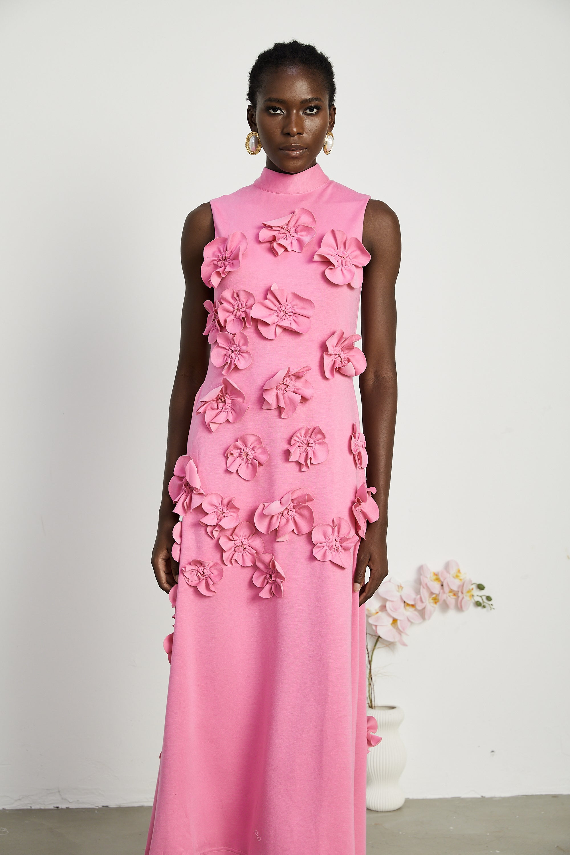 Magali Pink Sleeveless Maxi Dress with Faux Flower & Bow-Tie Embellishment (Final Sale-US Only)
