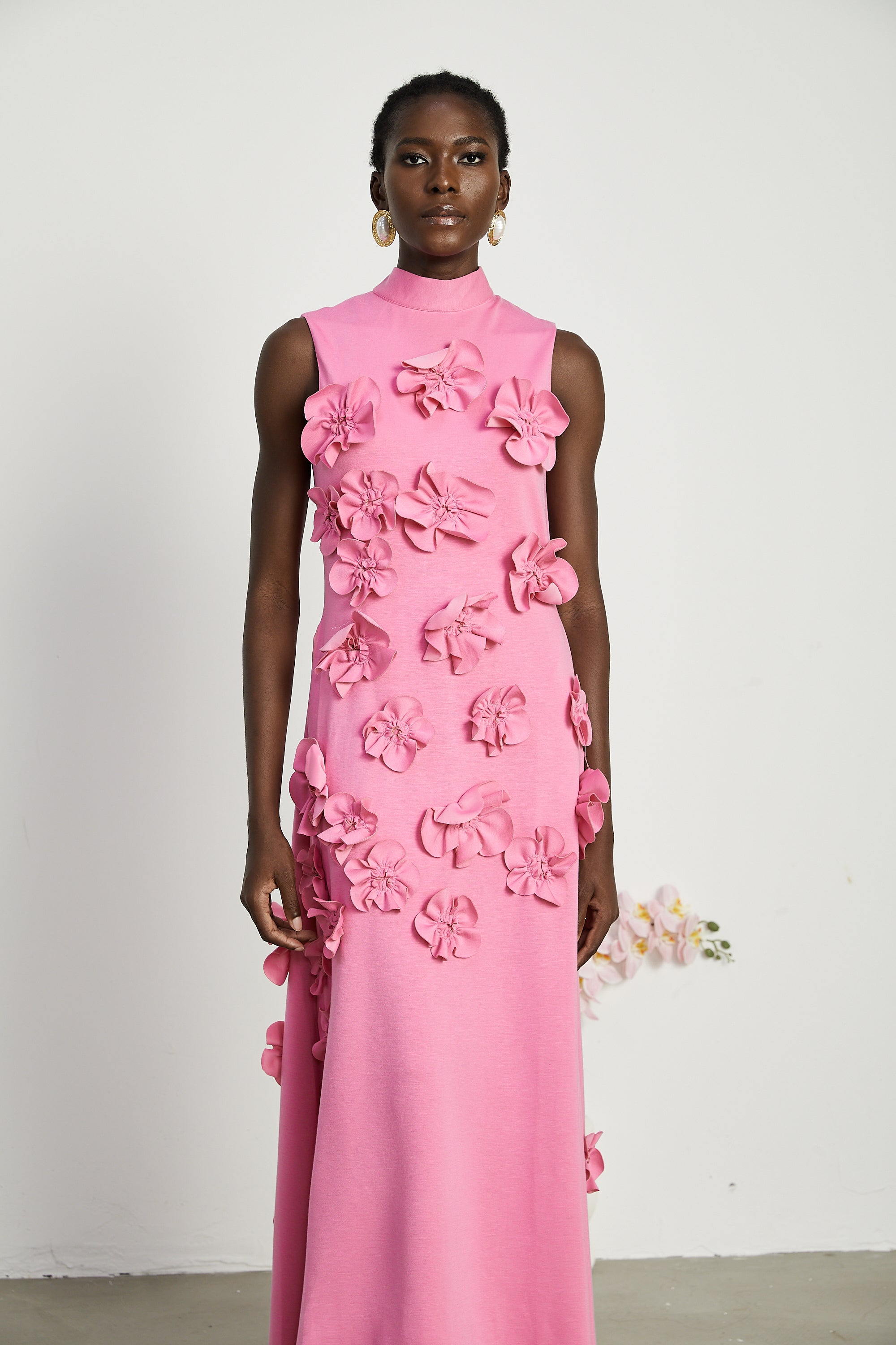 Magali Pink Sleeveless Maxi Dress with Faux Flower & Bow-Tie Embellishment (Final Sale-US Only)