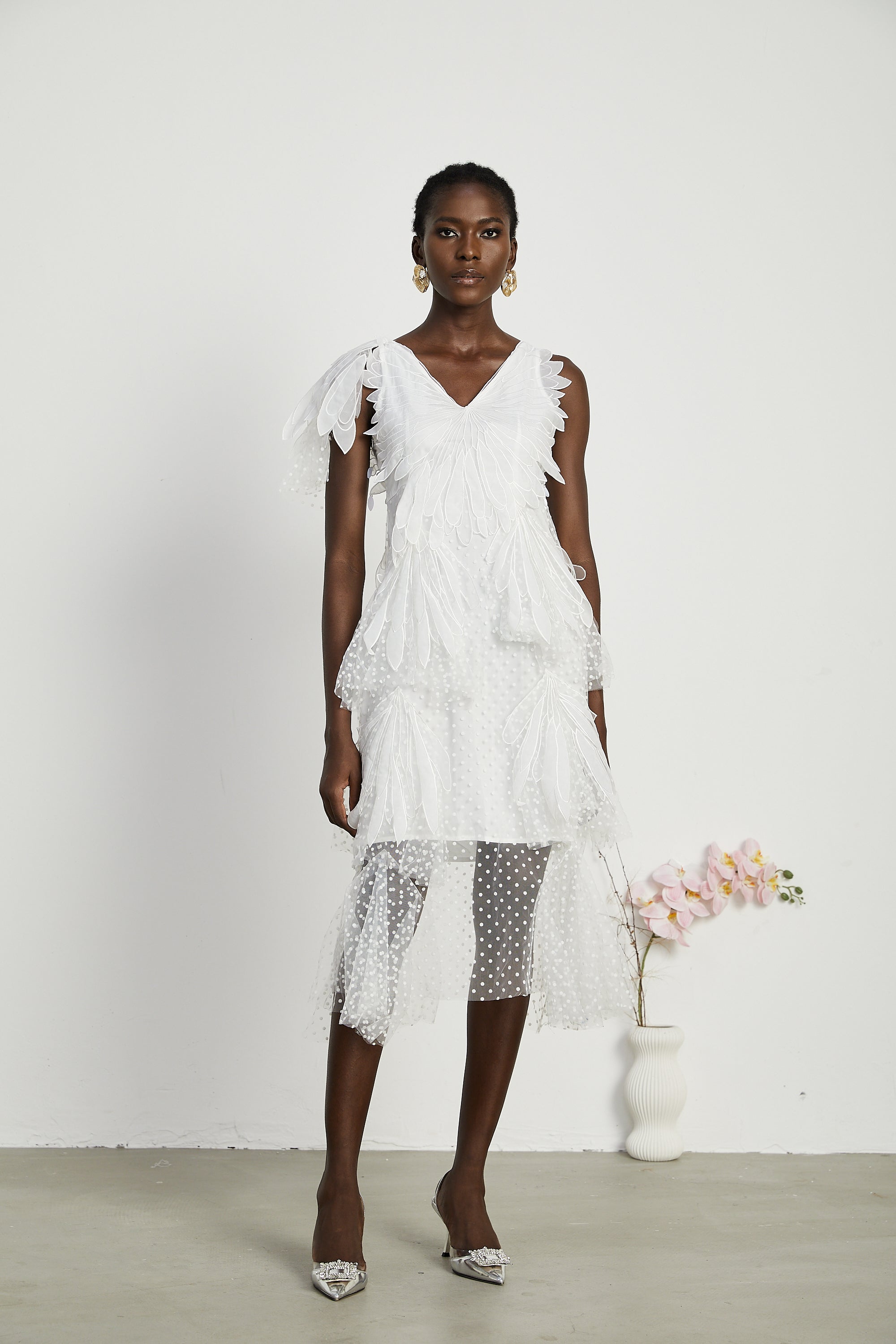 Solène faux-feather pleated midi dress (US Only)