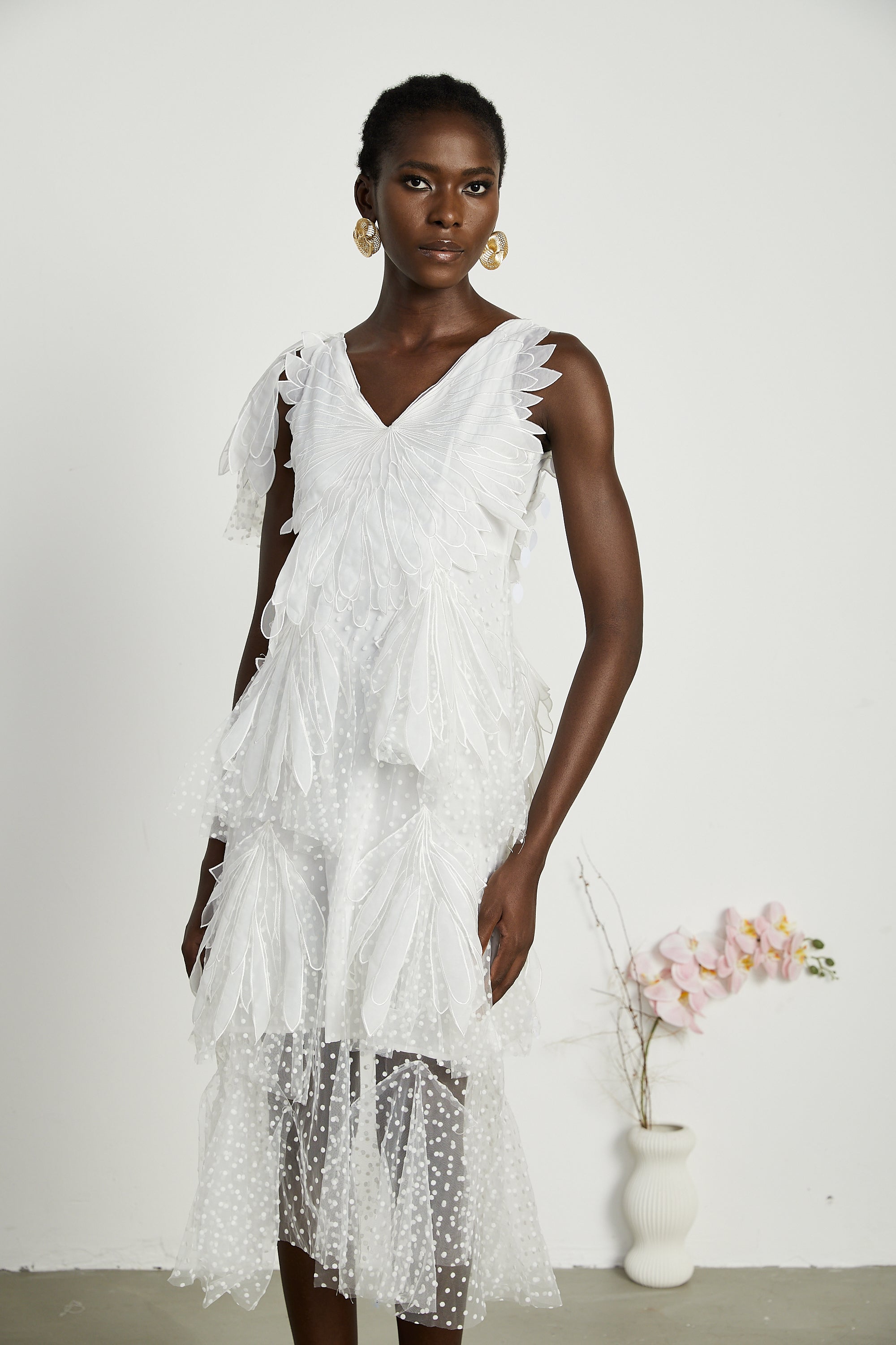 Solène faux-feather pleated midi dress (US Only)