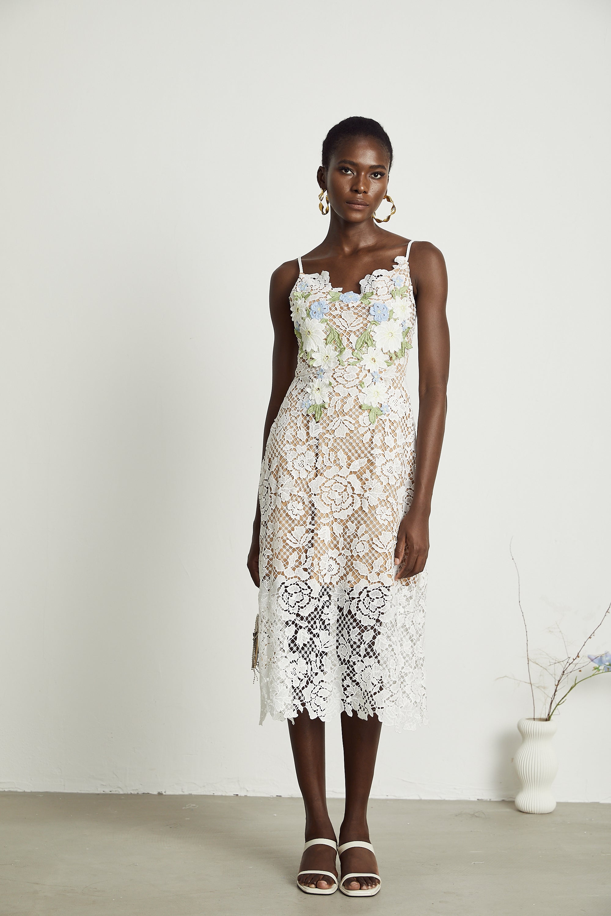 Hermine faux-floral embellished semi-sheer midi dress (US Only)