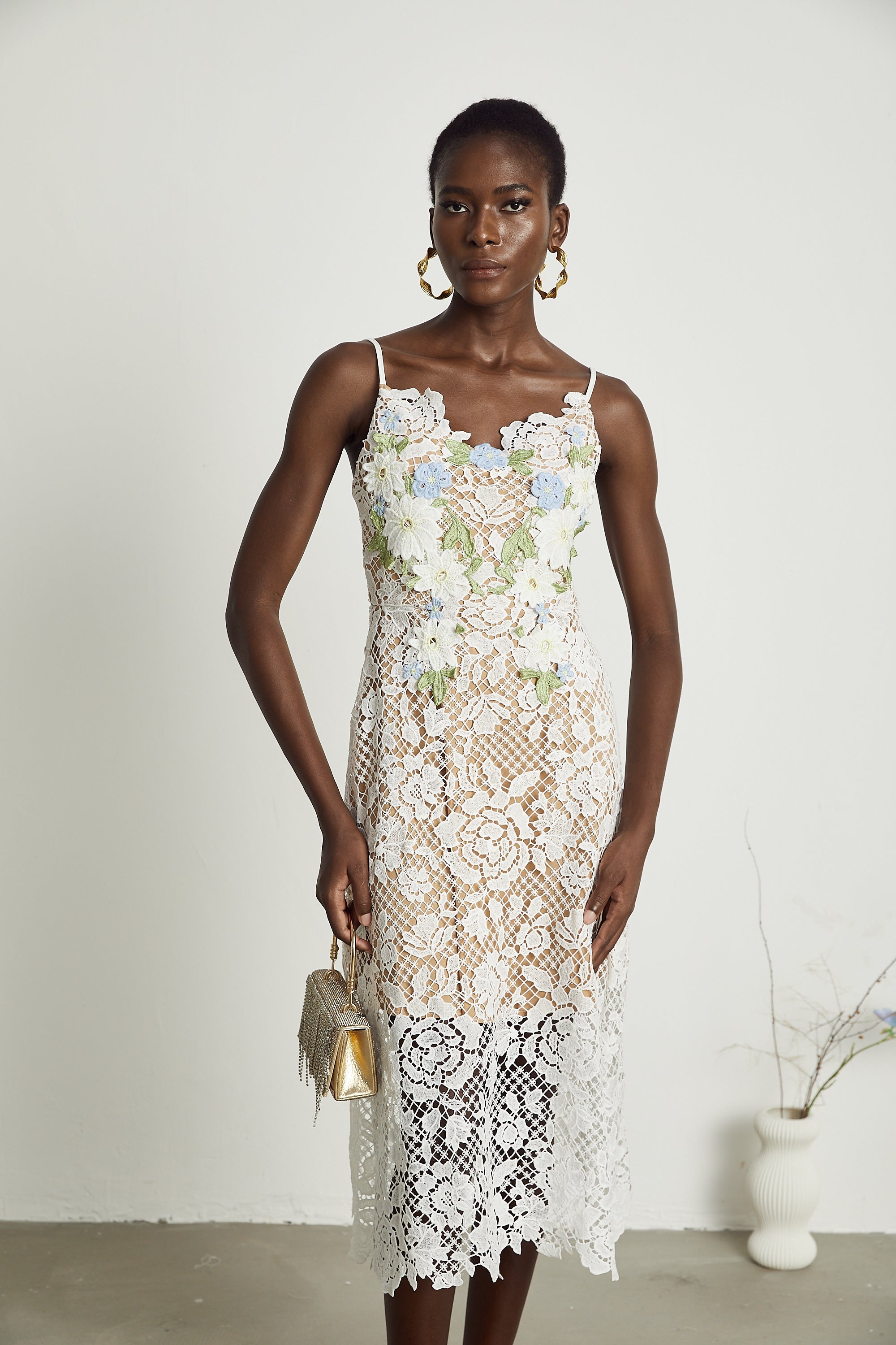 Hermine faux-floral embellished semi-sheer midi dress (US Only)
