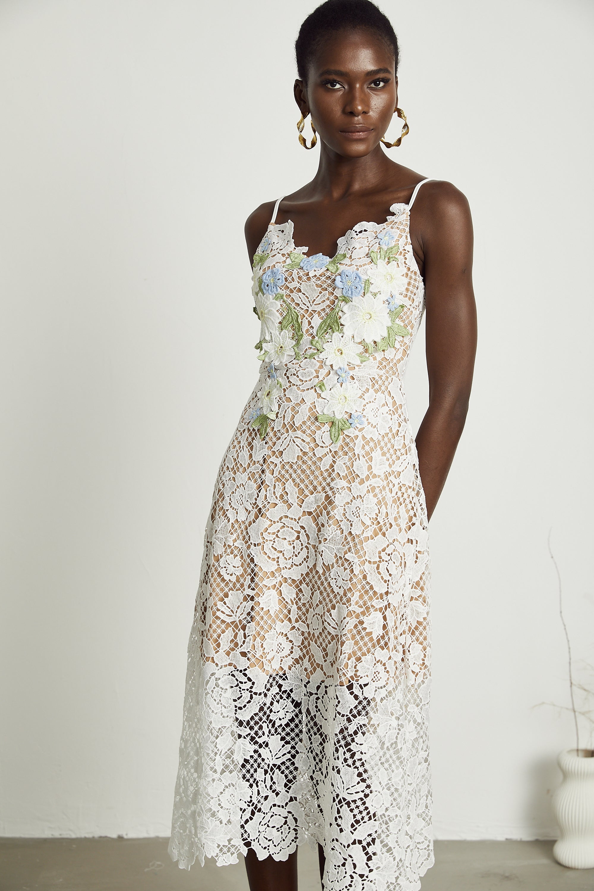 Hermine faux-floral embellished semi-sheer midi dress (US Only)