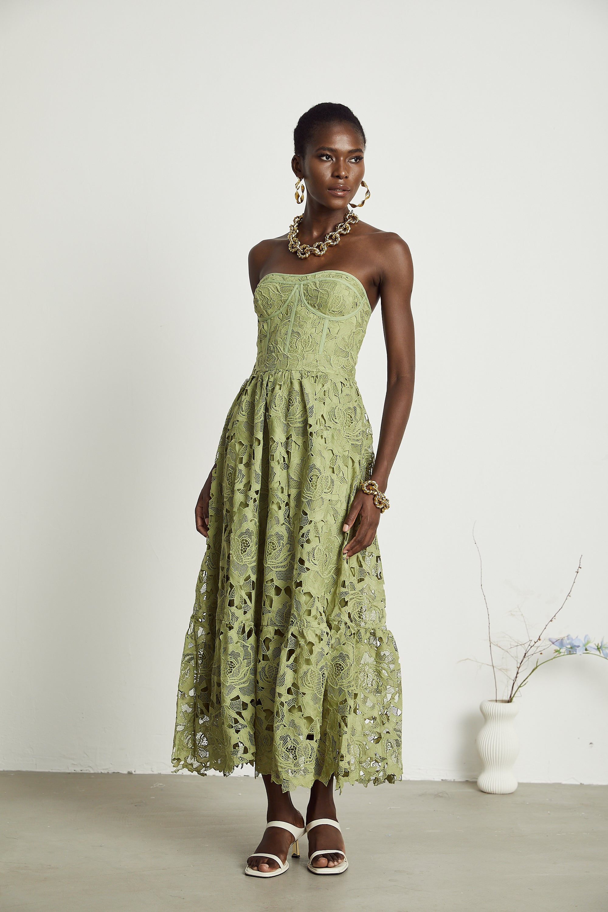 Inès lace floral embroidered cut-out midi dress in Green (Final Sale-US Only)