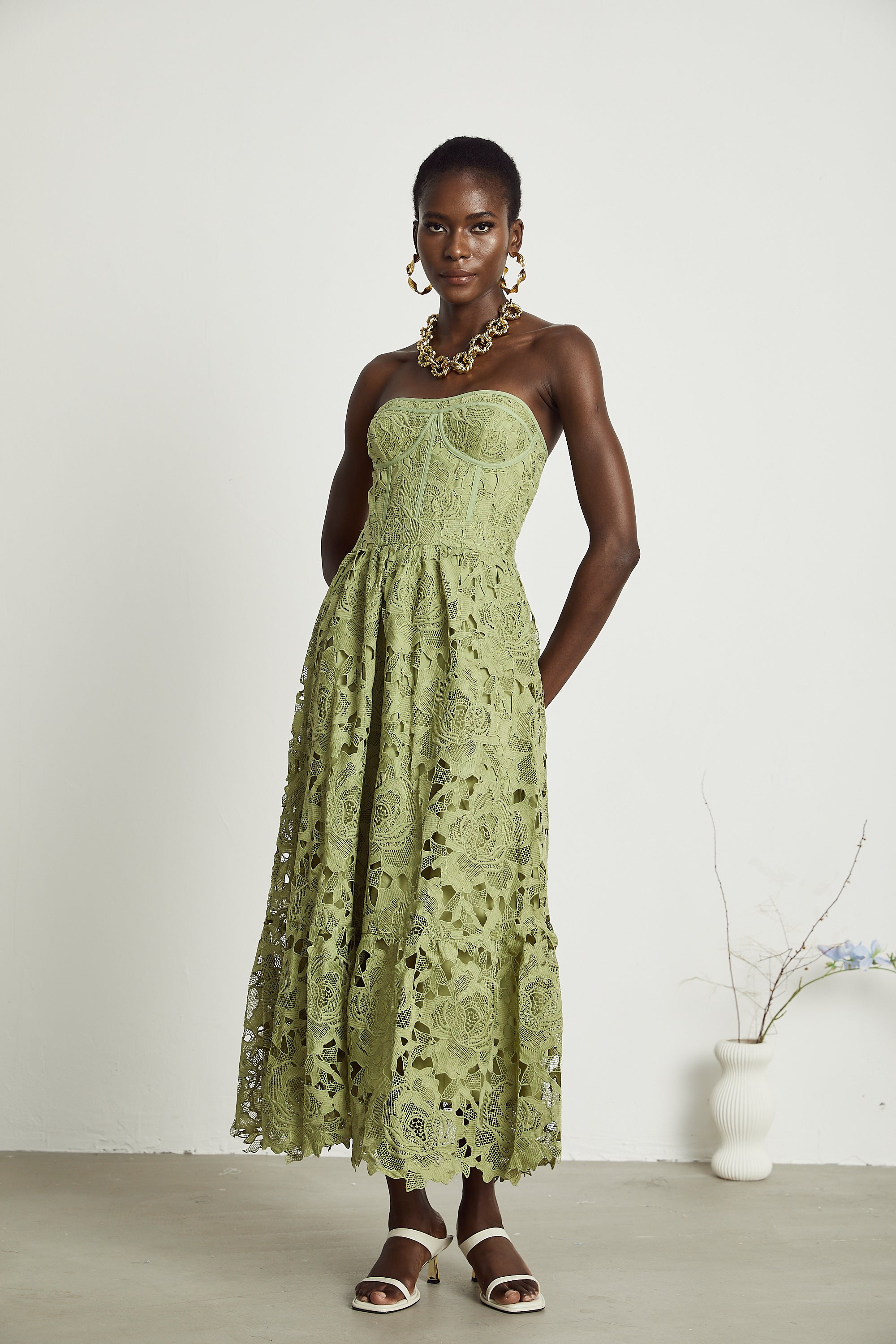 Inès lace floral embroidered cut-out midi dress in Green (Final Sale-US Only)