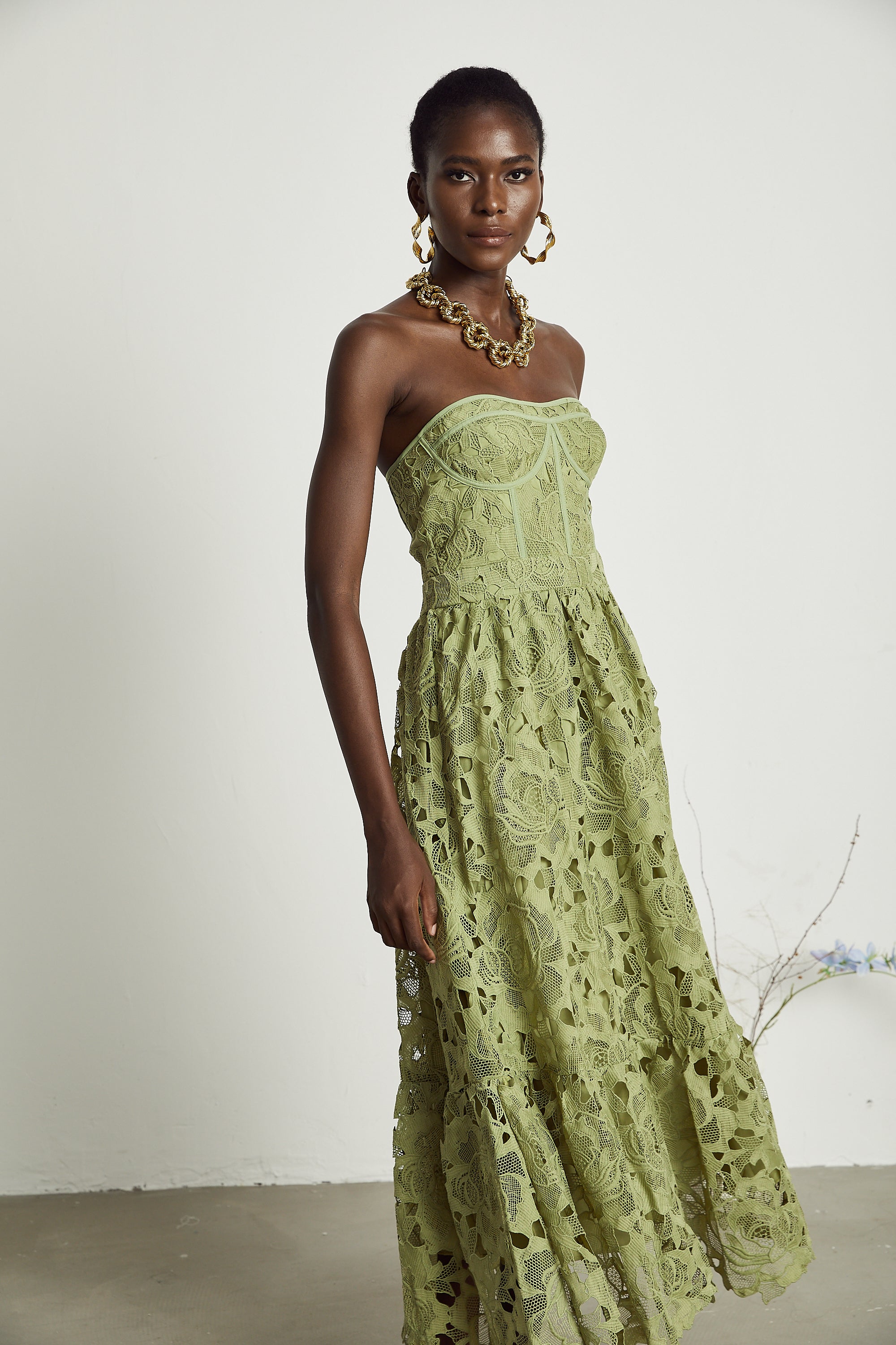 Inès lace floral embroidered cut-out midi dress in Green (Final Sale-US Only)