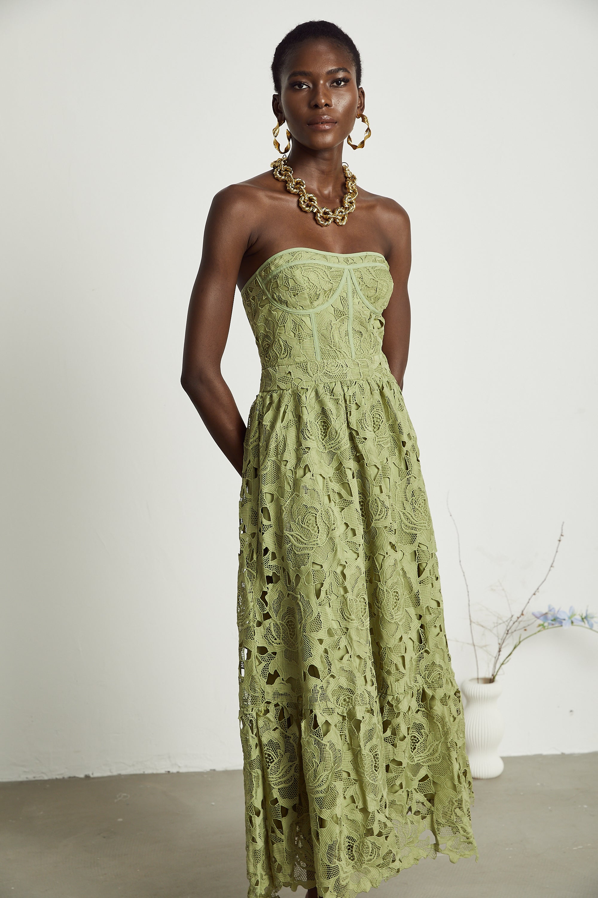 Inès lace floral embroidered cut-out midi dress in Green (Final Sale-US Only)