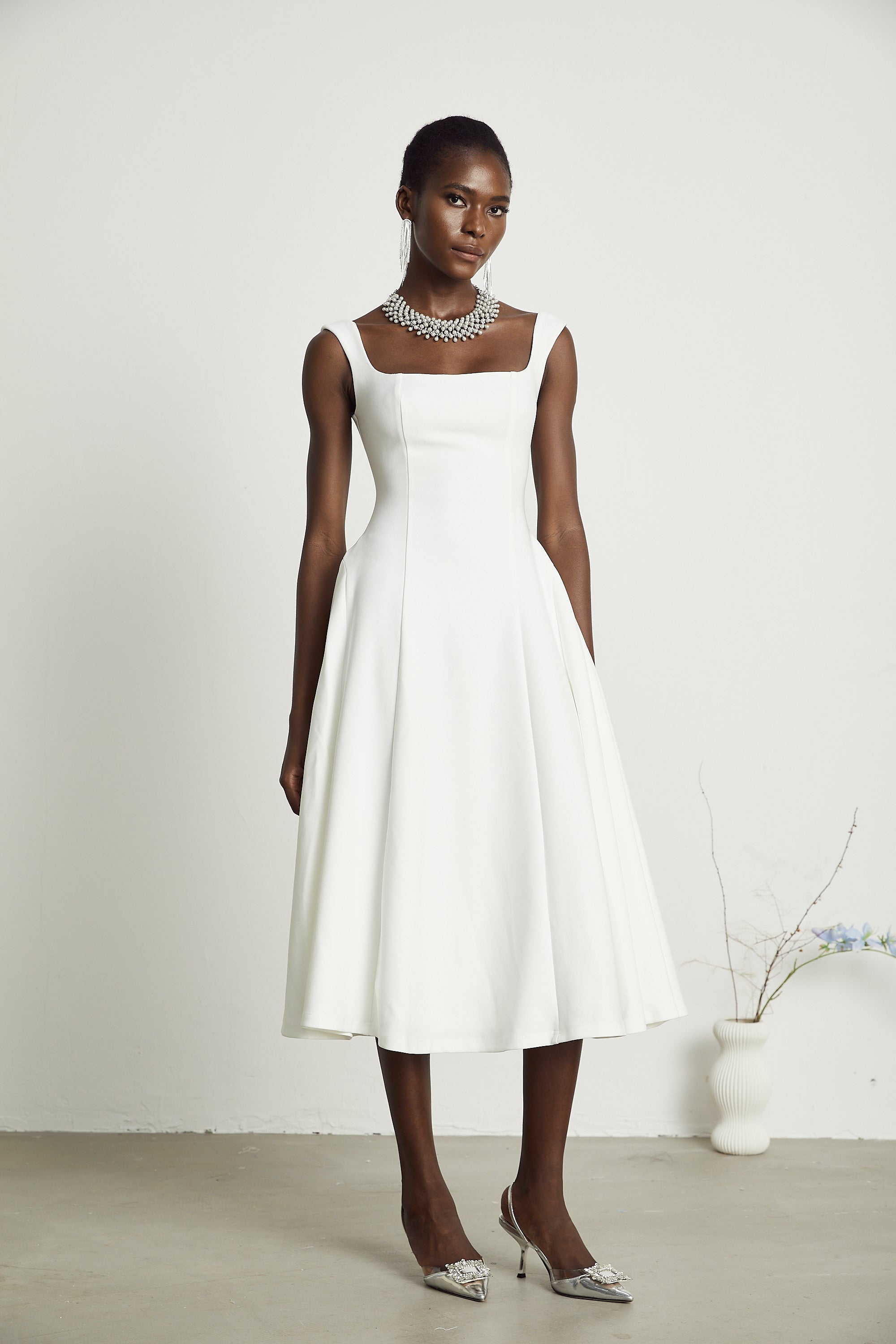 Thala white pleated flared midi dress (Final Sale-US Only)