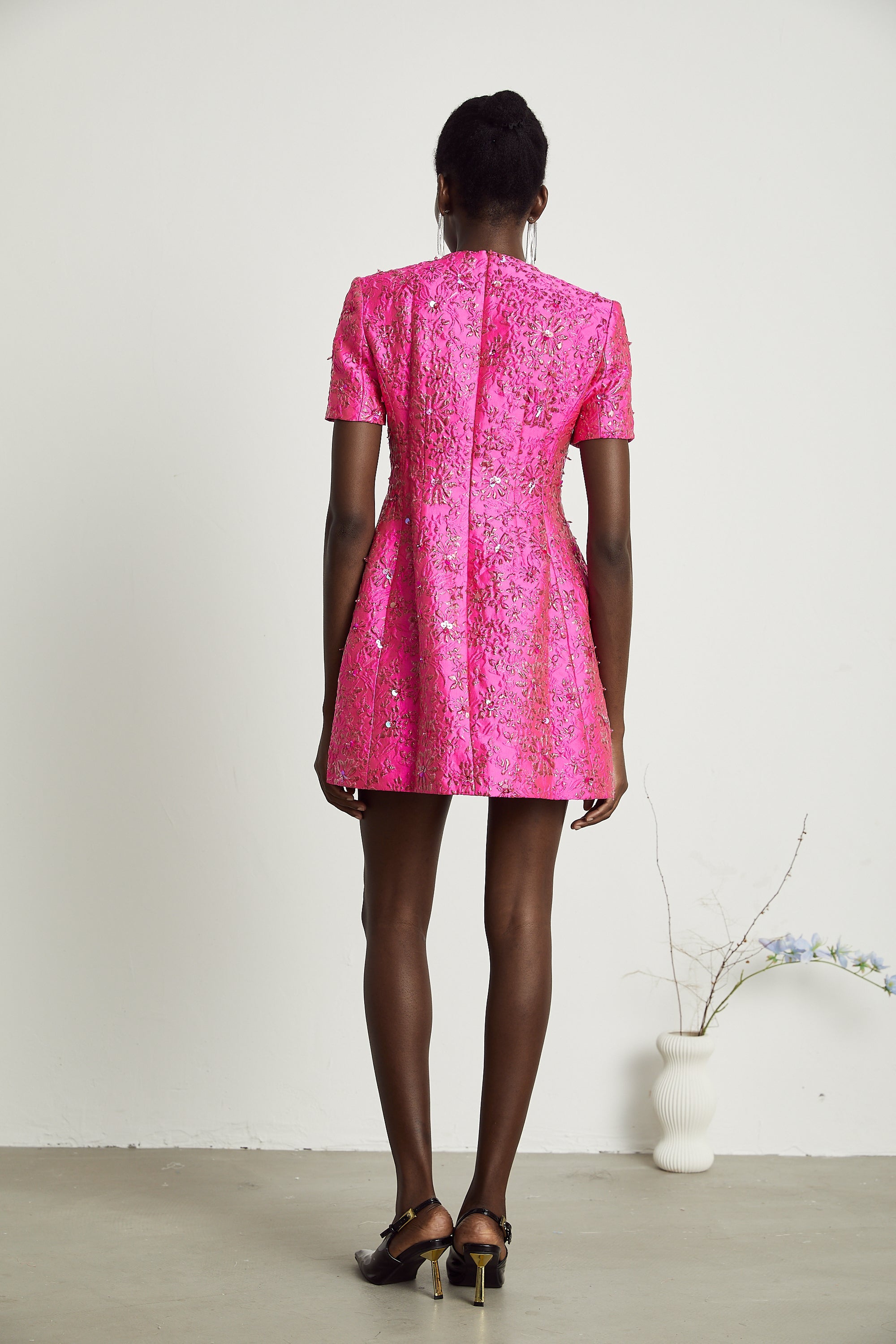 Celestia Floral-Appliqué Embellished Mini Dress in Pink