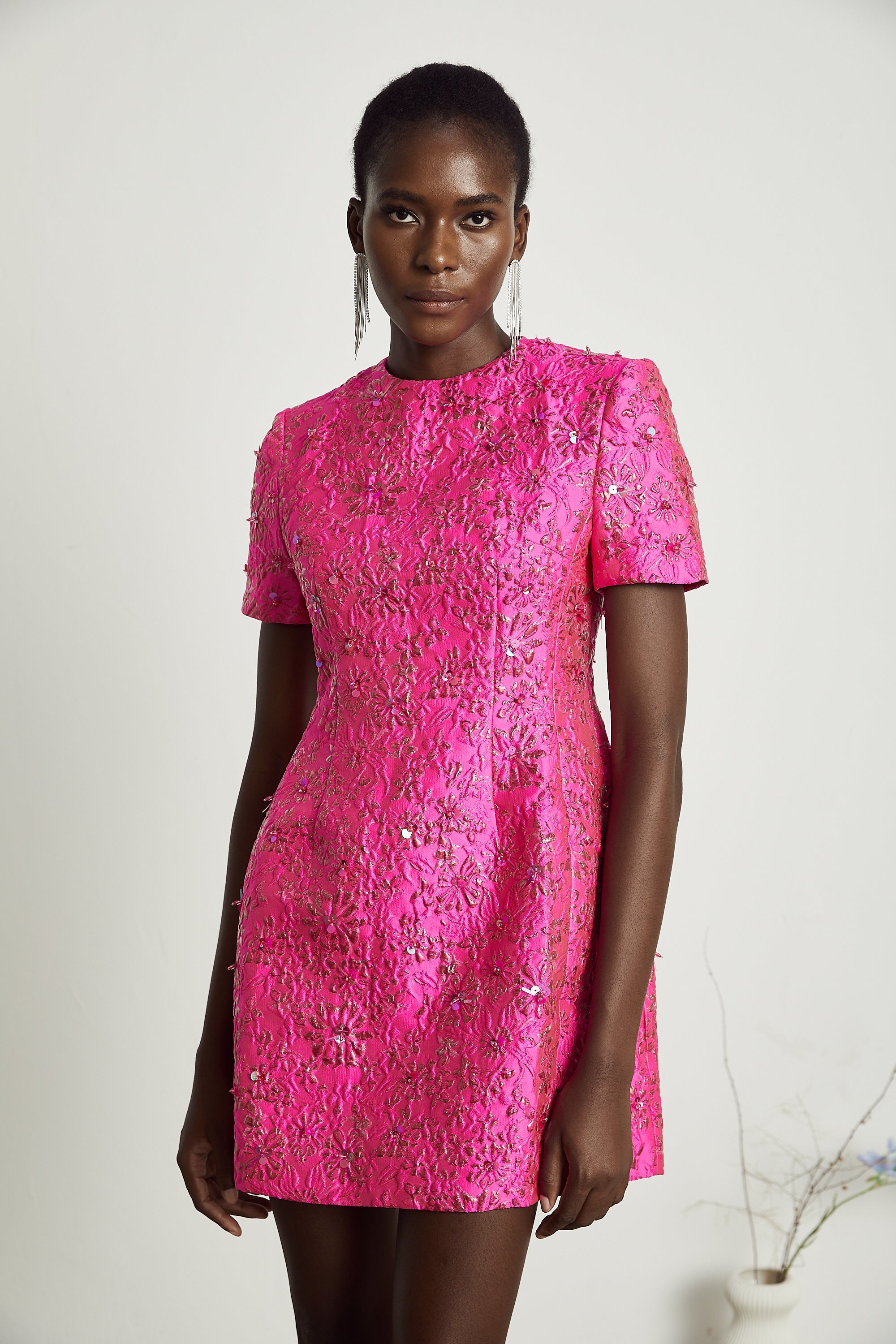 Celestia Floral-Appliqué Embellished Mini Dress in Pink
