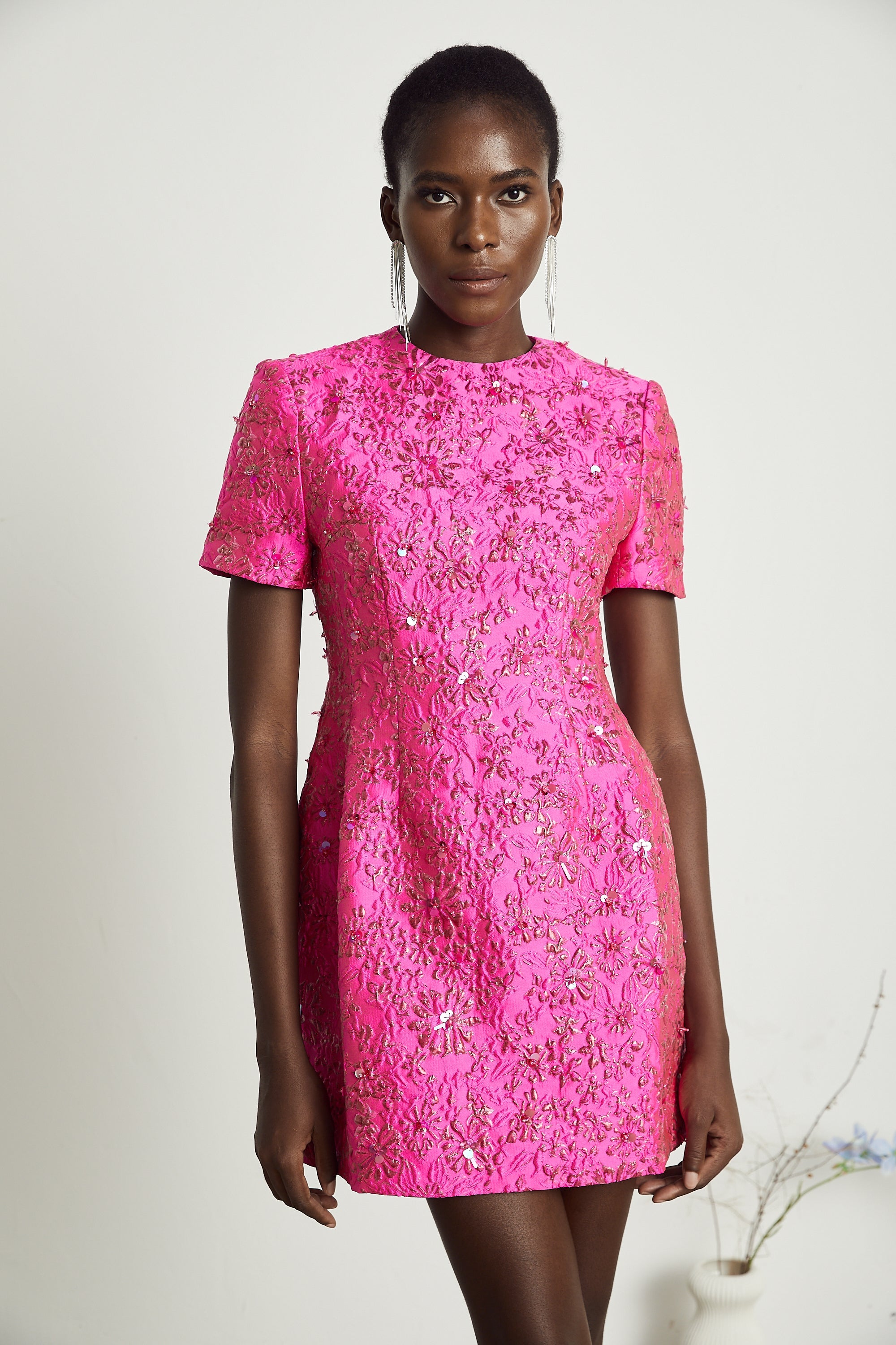 Celestia Floral-Appliqué Embellished Mini Dress in Pink (Final Sale-US Only)