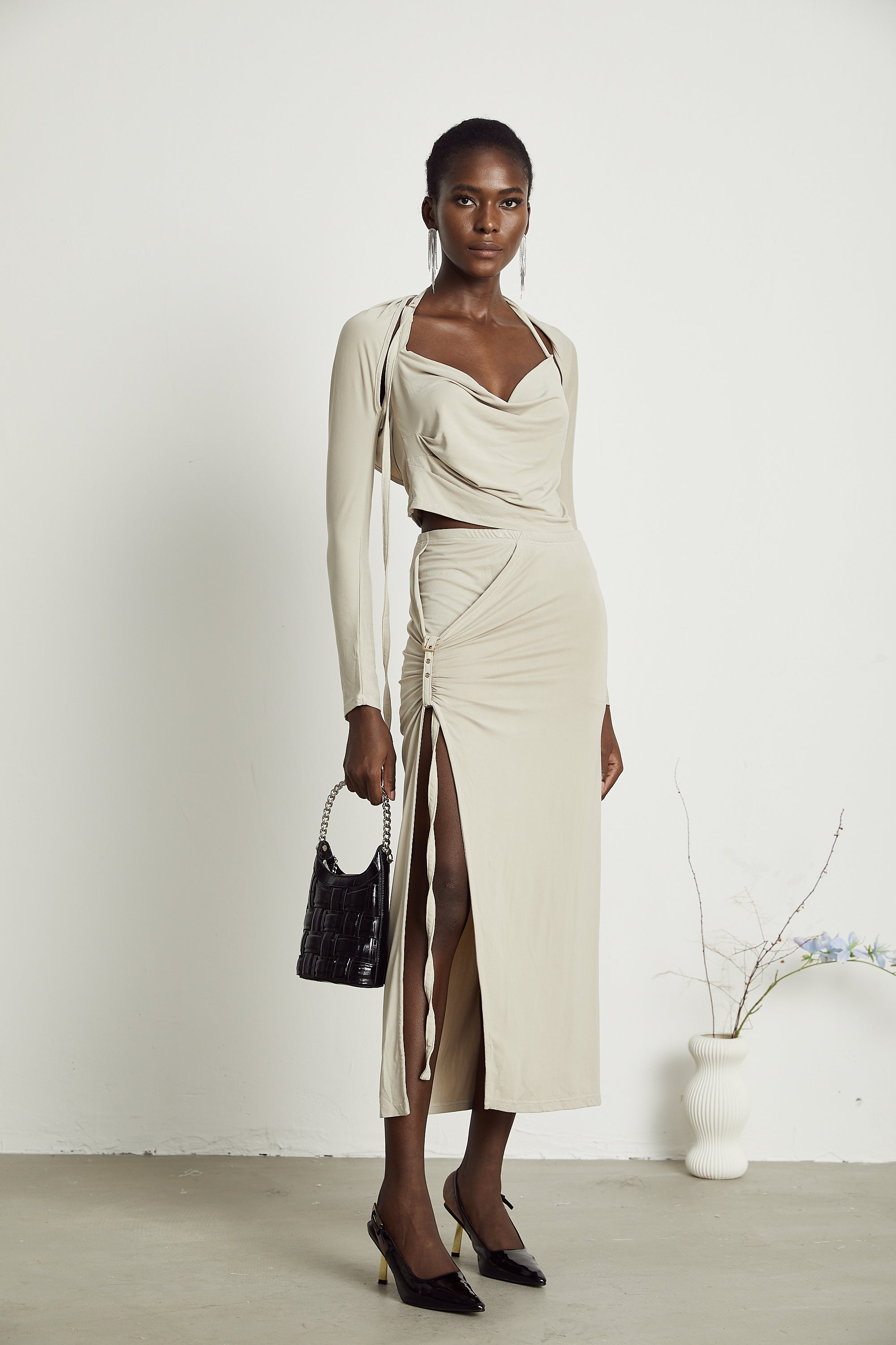 Lanetta khaki jersey top & skirt matching set
