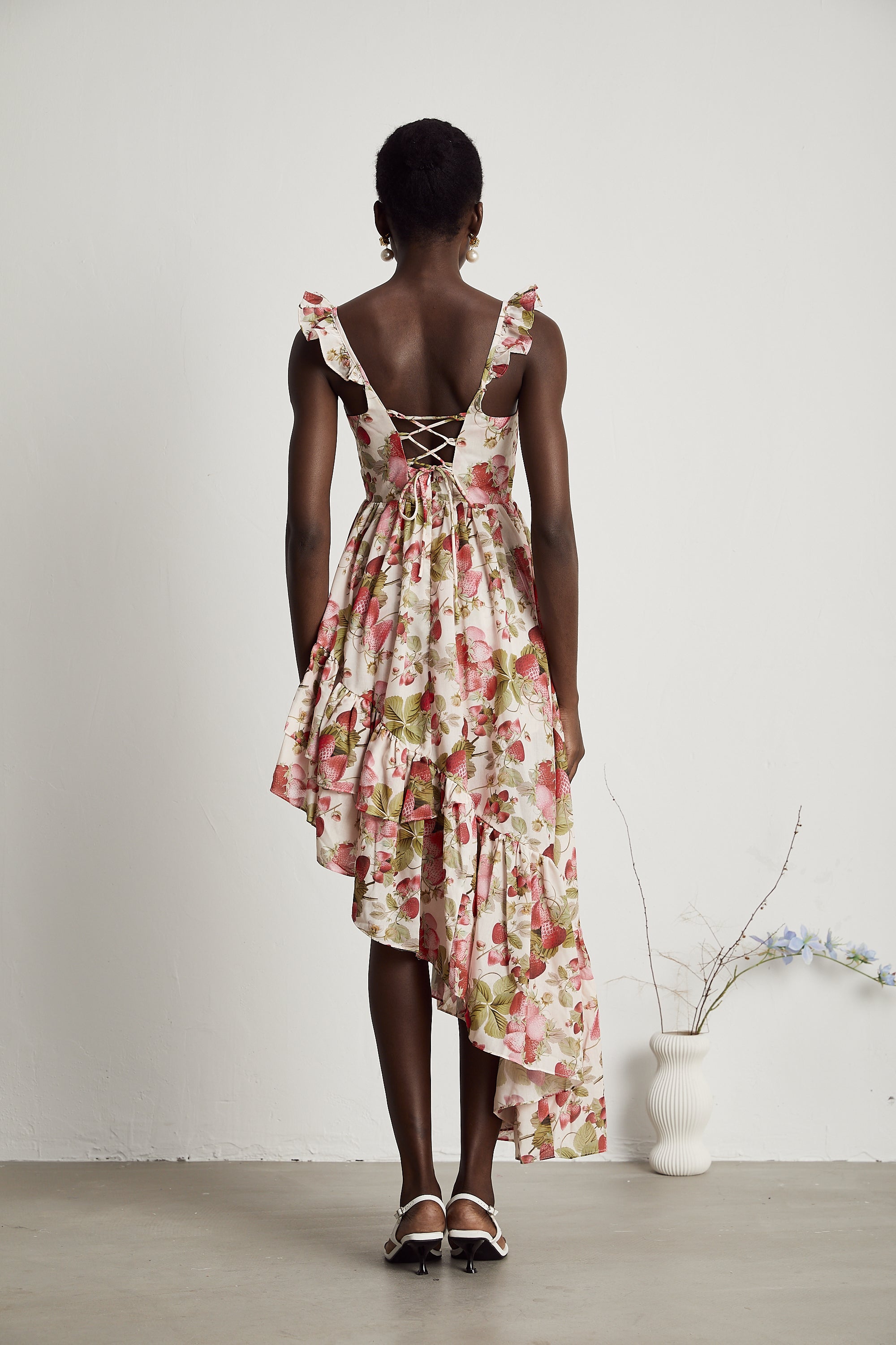 Vivien strawberry-print asymmetrical midi dress