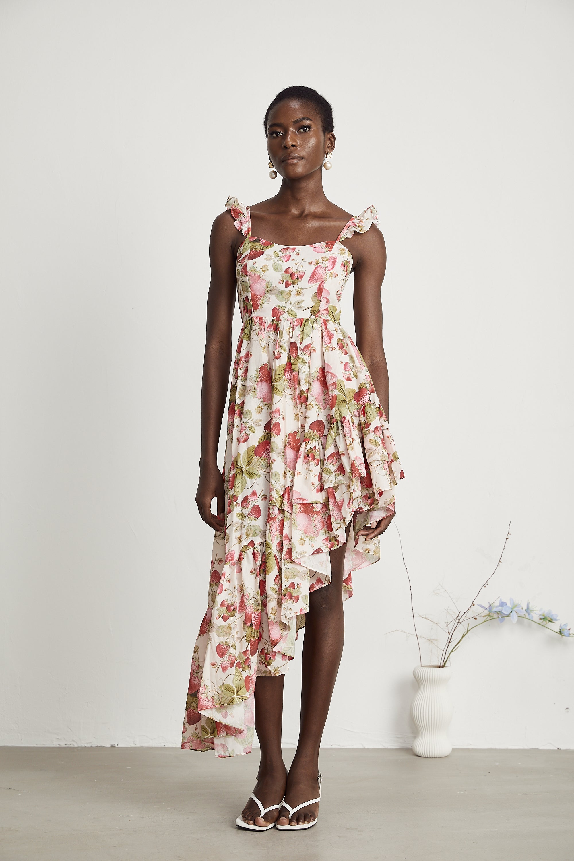 Vivien strawberry-print asymmetrical midi dress