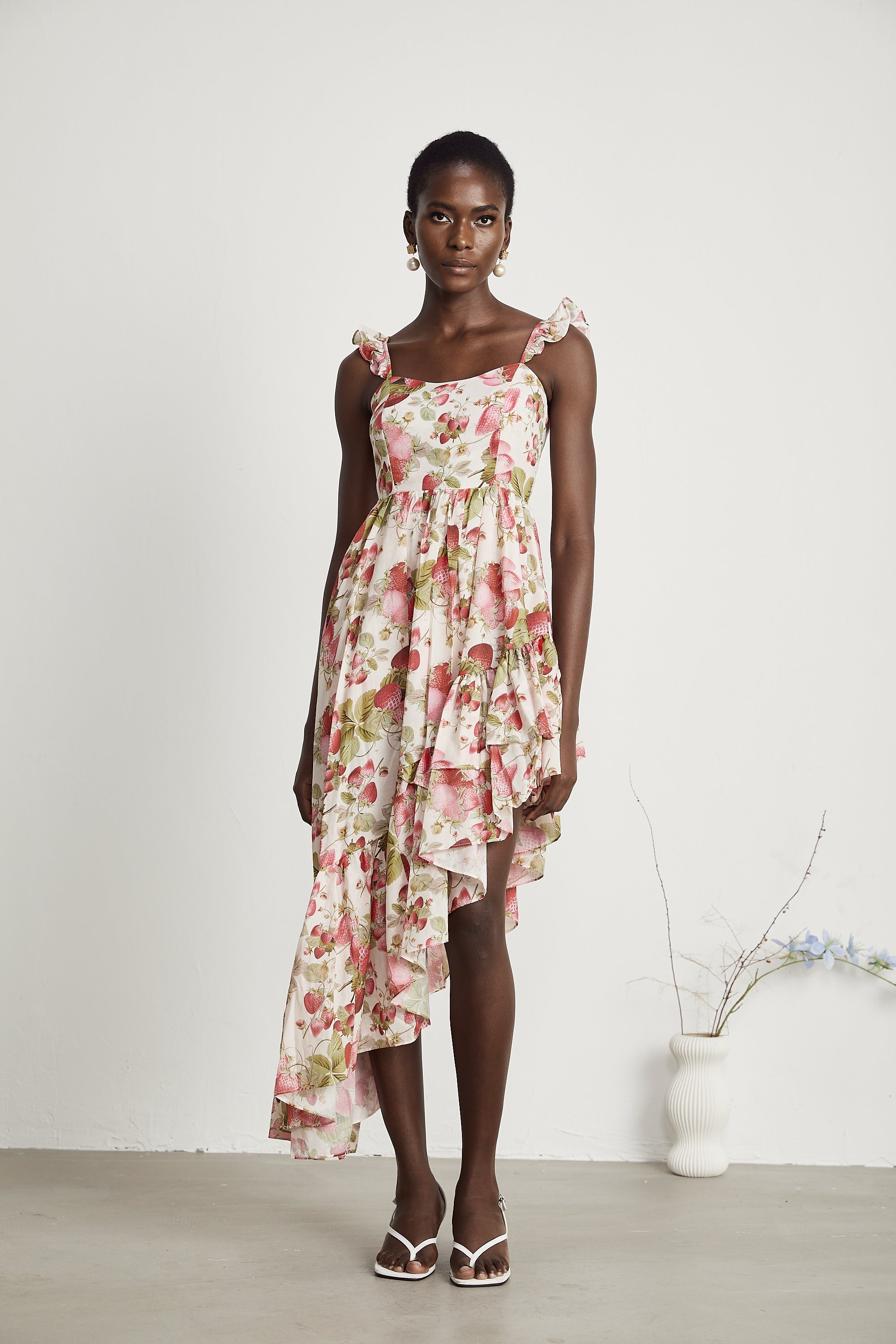 Vivien strawberry-print asymmetrical midi dress