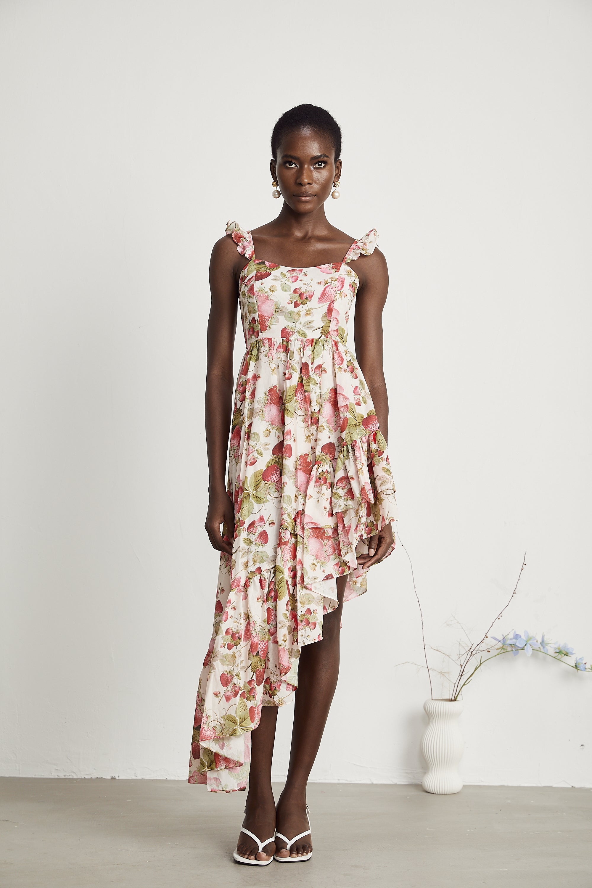 Vivien strawberry-print asymmetrical midi dress
