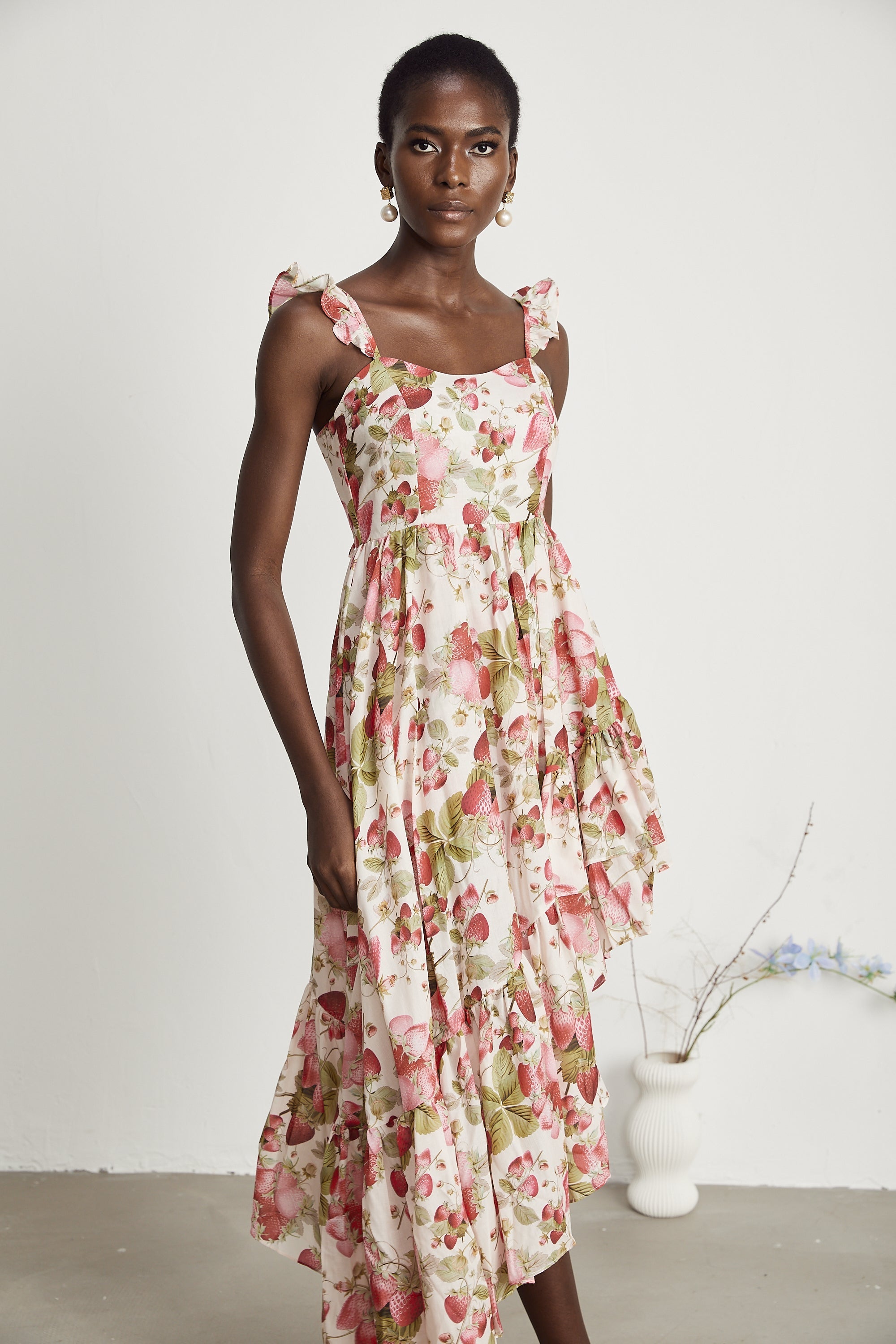 Vivien strawberry-print asymmetrical midi dress