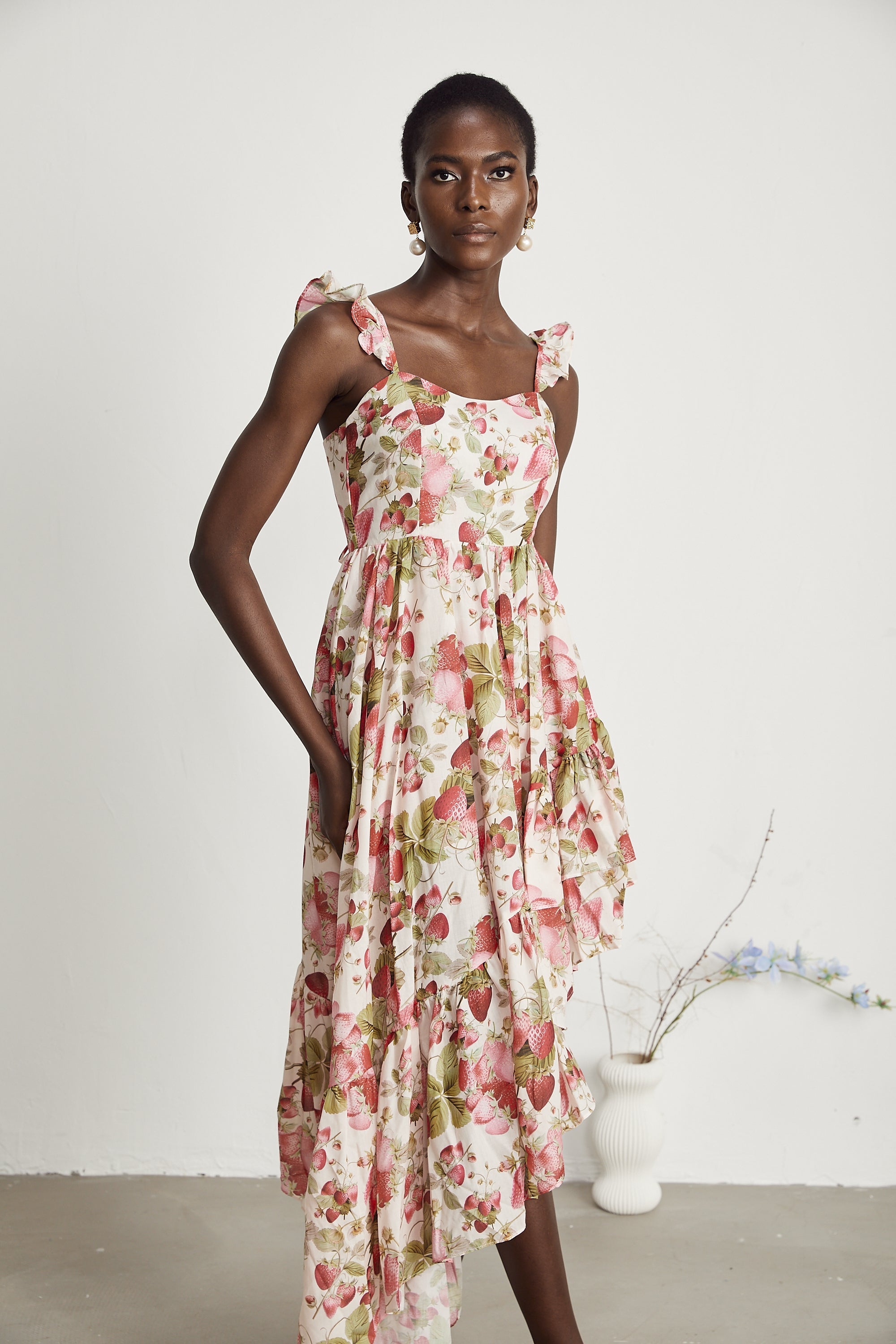 Vivien strawberry-print asymmetrical midi dress