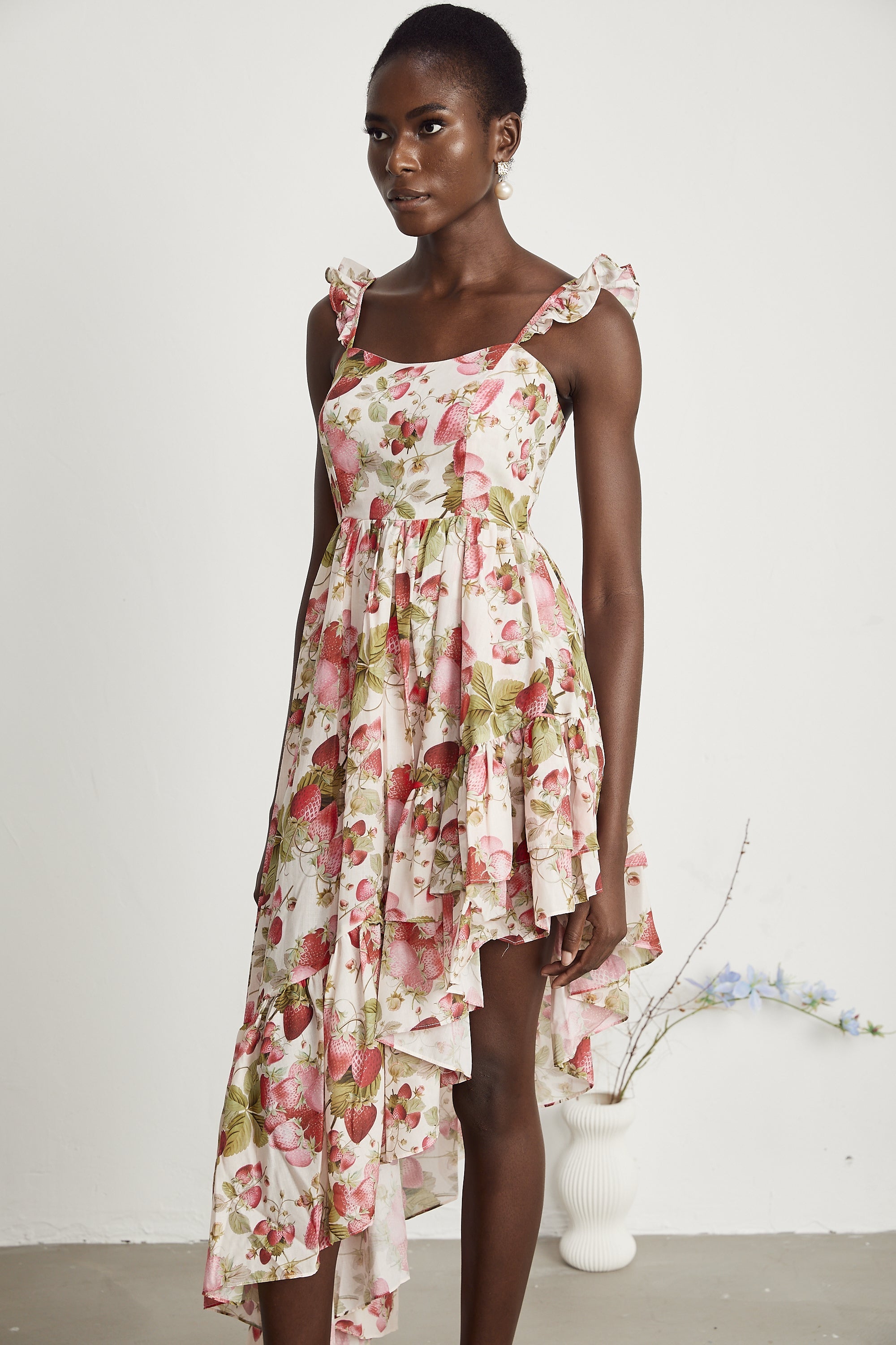 Vivien strawberry-print asymmetrical midi dress