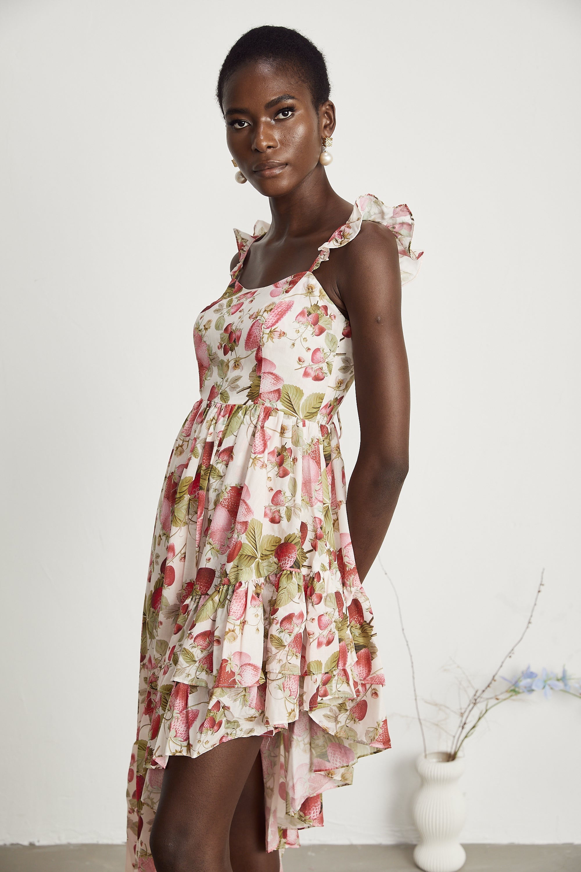Vivien strawberry-print asymmetrical midi dress