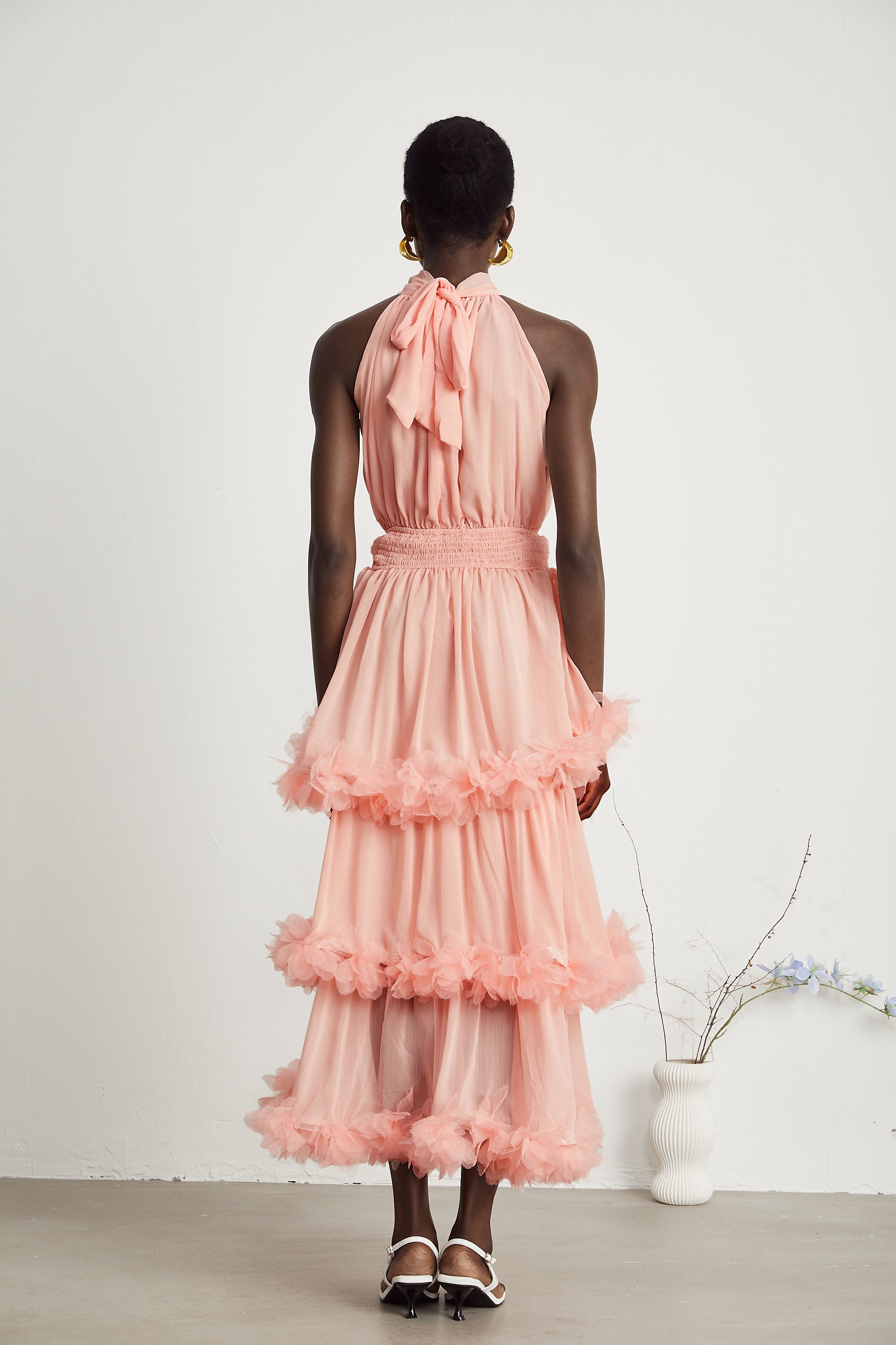 Micah pink 3D-petal tiered midi dress (Final Sale)