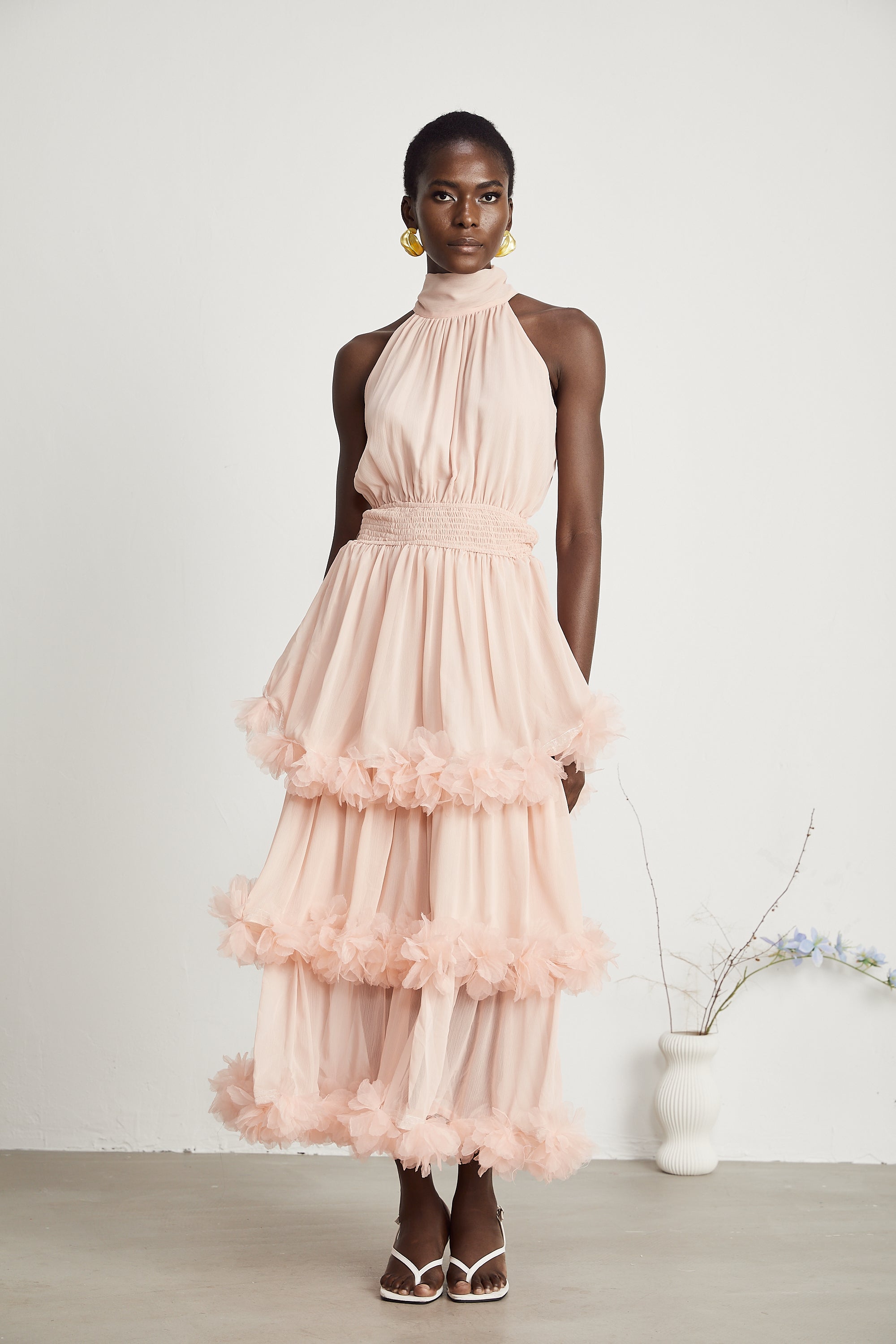 Micah pink 3D-petal tiered midi dress