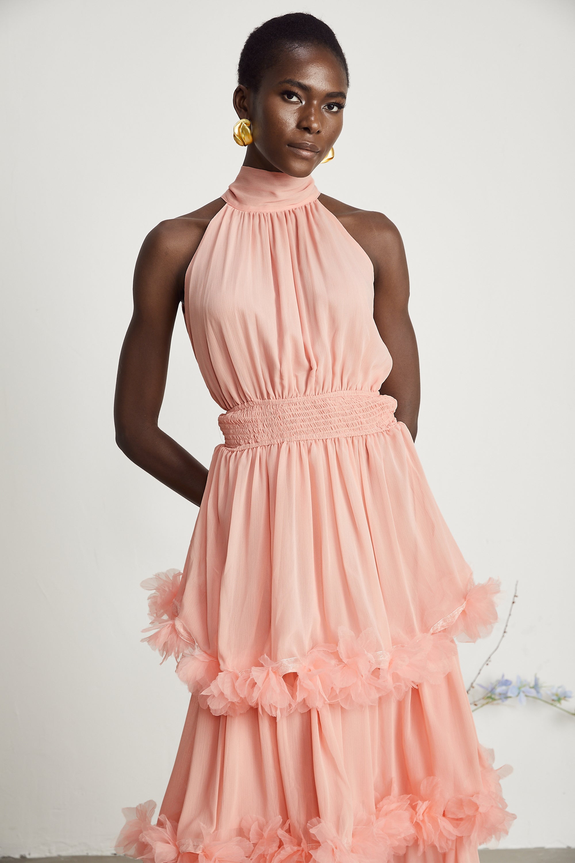 Micah pink 3D-petal tiered midi dress (Final Sale)