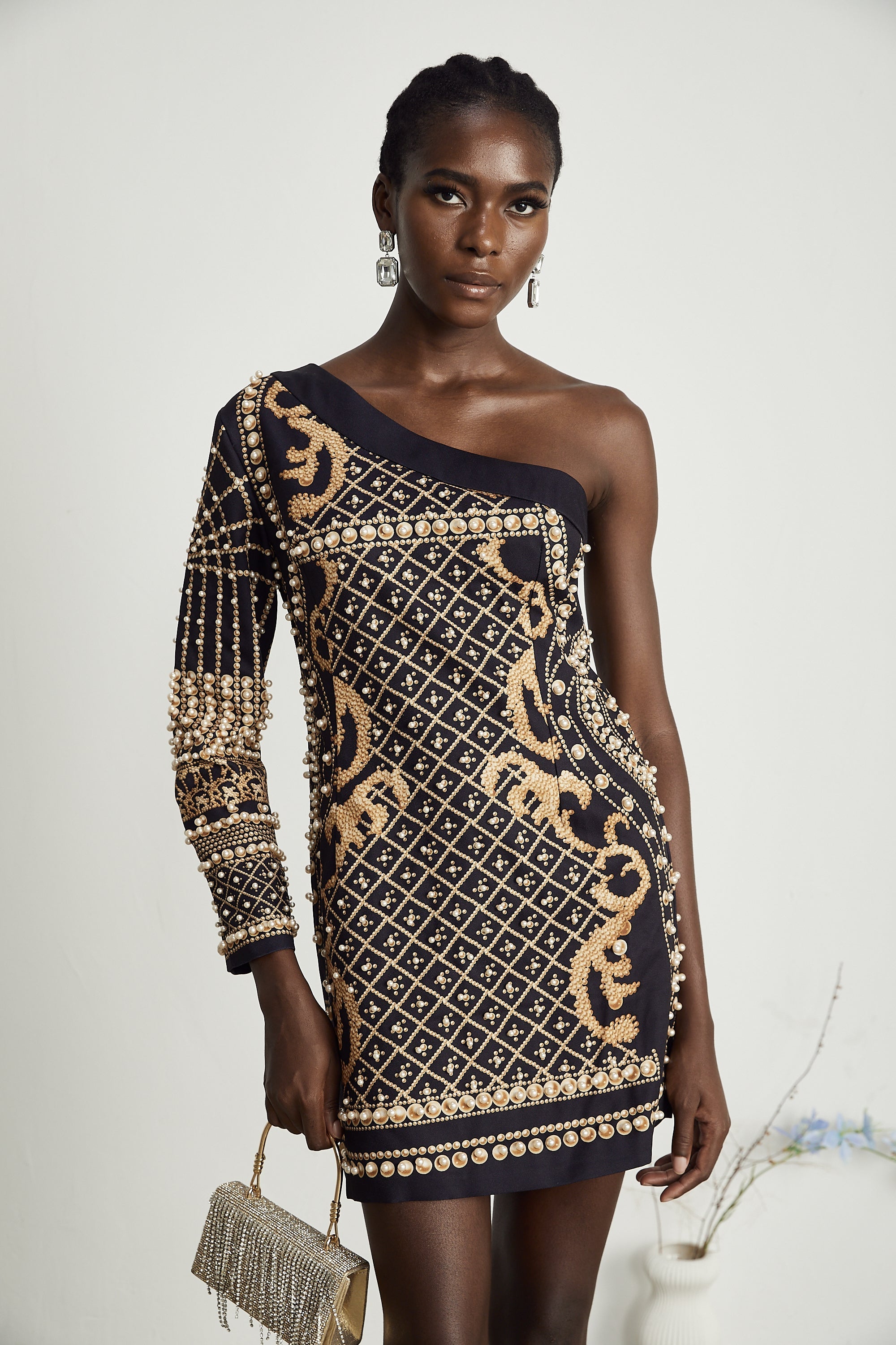Ysabella mono-shoulder faux-pearl mini dress (US Only)